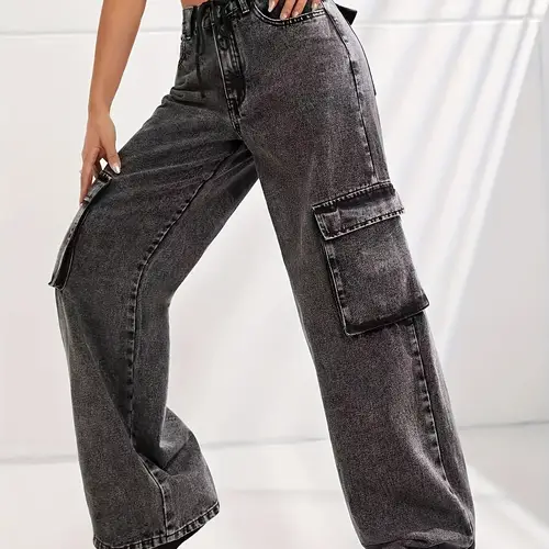 womens high waisted straight leg black cargo jeans boyfriend style multi pocket stretch denim fit baggy casual pants with built in zipper machine washable for casual attire relaxed fit pants nontransparent fabric
