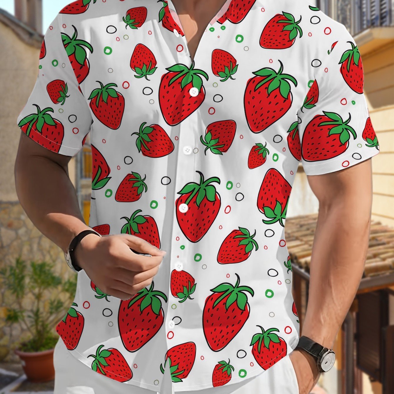 TEMU 's Casual Short-sleeve Shirt With Featuring Red Strawberries And Green-white Patterns, Versatile For Holiday Parties And Commuting. Made Of