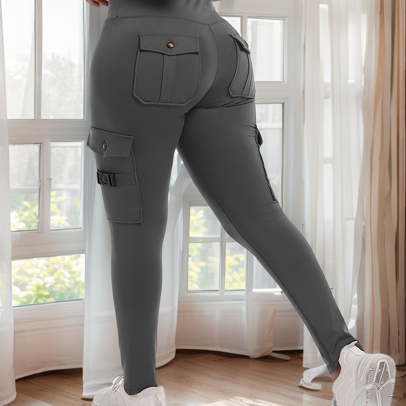 Image of Cargo Leggings With Slide Pockets, Sports Tights With 4 Pockets, Tummy Control Lifting Workout Running Pants, Slim Fit Utility Style Sportswear, Stylish Activewear Pants For