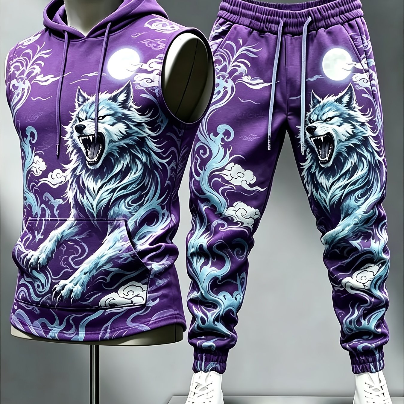 Image of Men's Sleeveless Hoodie And Jogger Pants Set, Street Style, Casual Trend, Wolf, Moon, Cloud, Floral Pattern, Men's Fashion, Adult Men's Casual Clothing