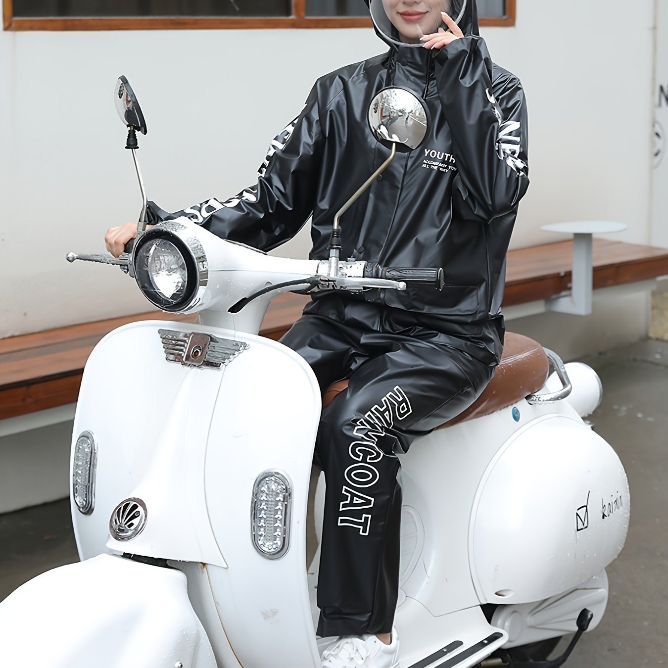 TEMU フルジップモーターサイクルレインジャケット、フード付き＆オーバーサイズカバレッジ - 防風ライディングギア、手洗い可能スモーターサイクルコート（ホワイト/ブラック）男女兼用 - 長袖ジャケット、雨天用ライディングアパレル