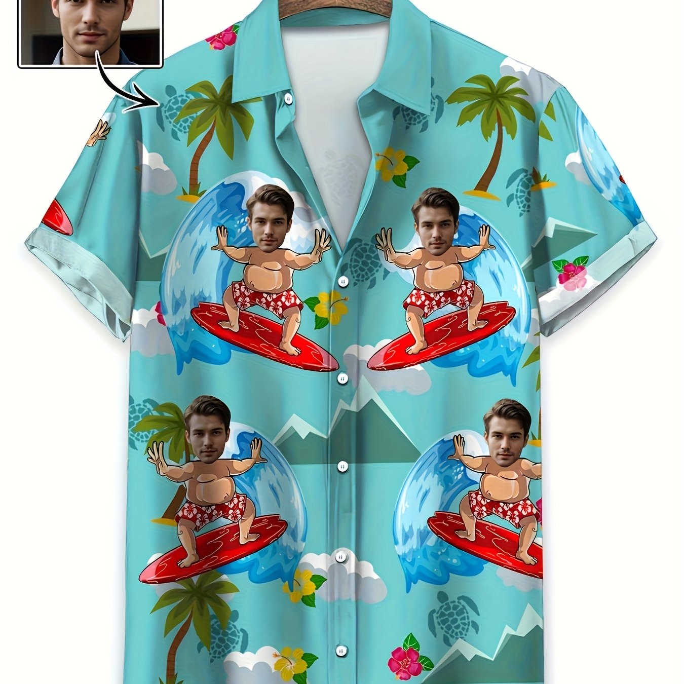 TEMU Men' Custom Photo Hawaiian Shirt - Personalized Tropical Lapel Button-front Collar Shirt With Button Details, Woven Fabric Suitable For