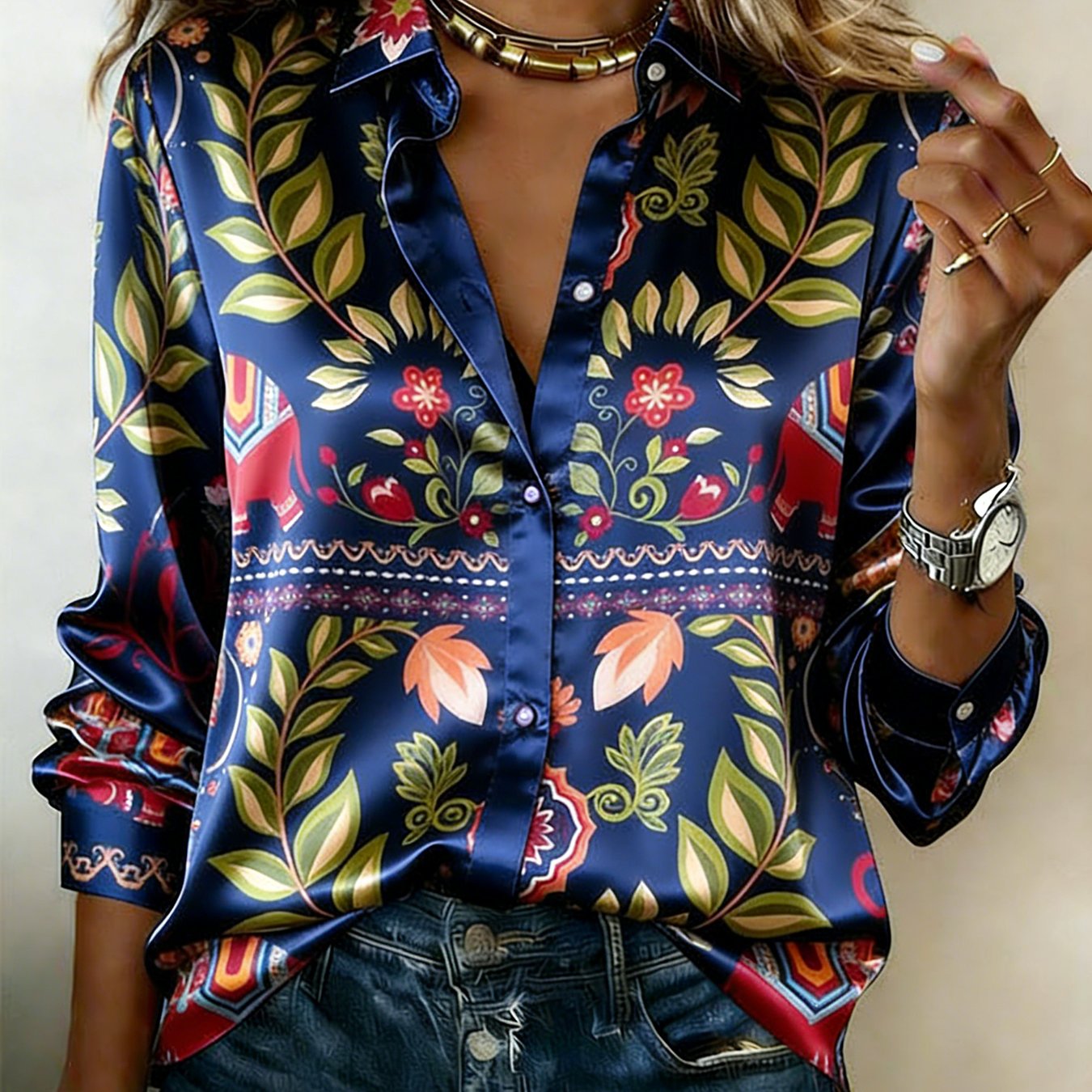 Women's Casual Floral Print Satin Collared Shirt