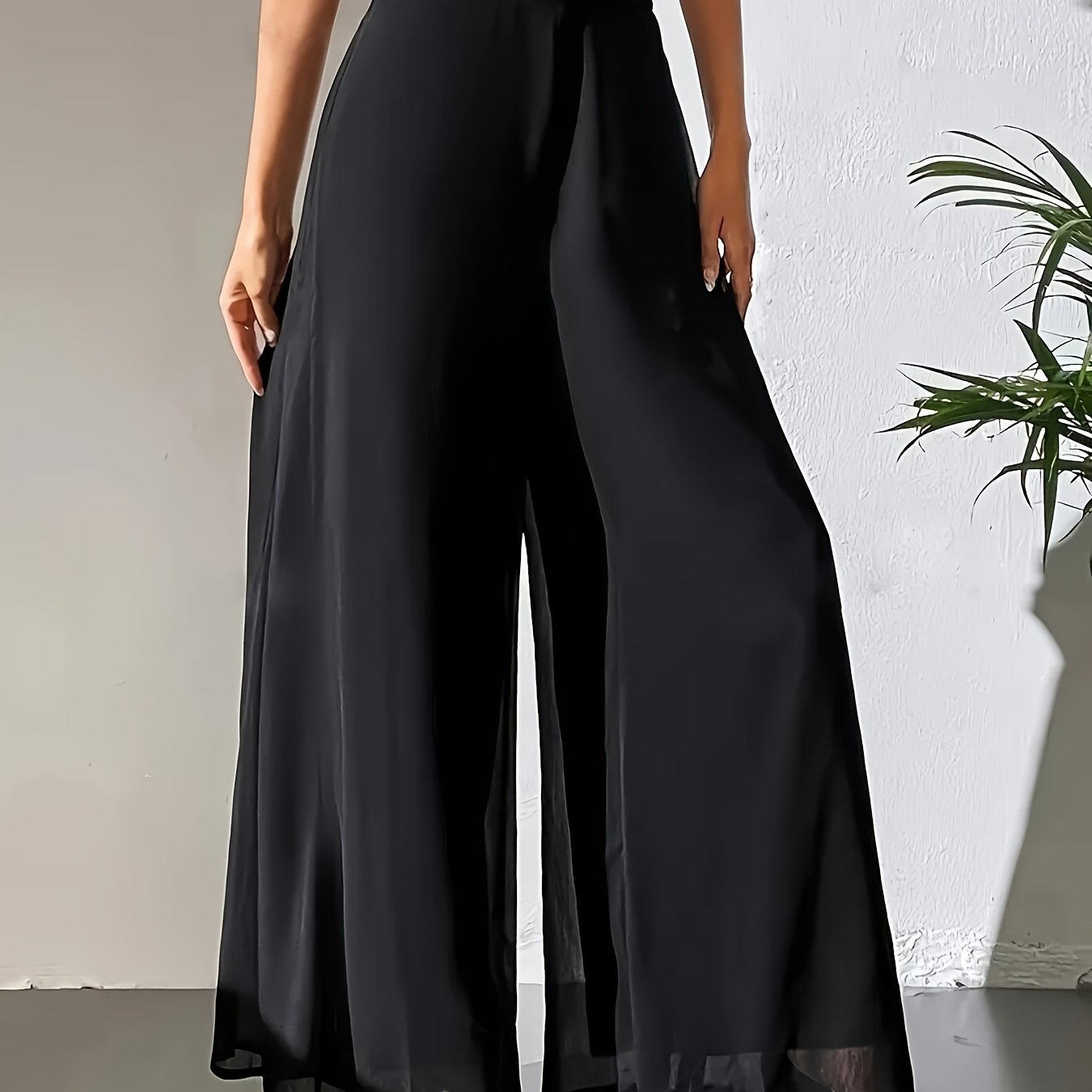 Image of Elegant High-waisted Black Wide-leg Pants For Women - Lightweight Polyester, Spring/summer Fashion, Loose Fit, Machine Washable, Solid Color, Long Length, Comfortable & Stylish