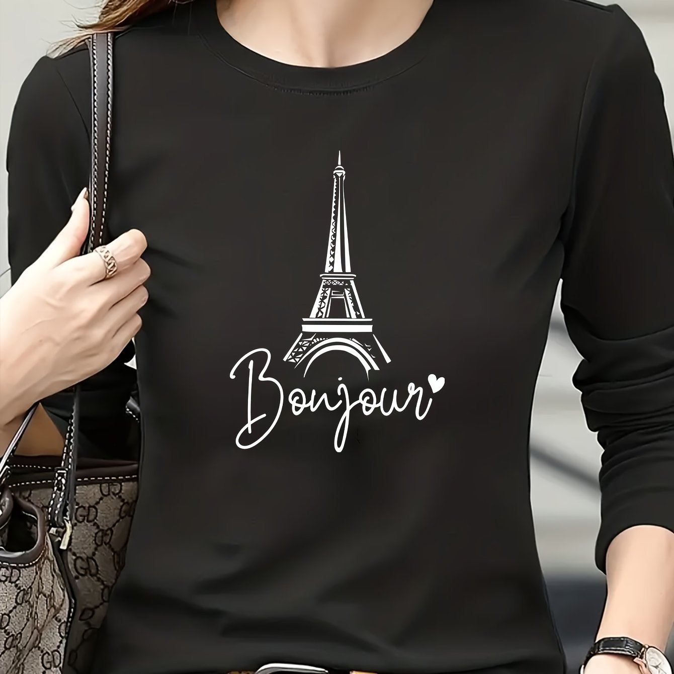 TEMU Paris Print T-shirt, Long Sleeve Crew Neck Casual Top For Spring & Fall, Women's Clothing