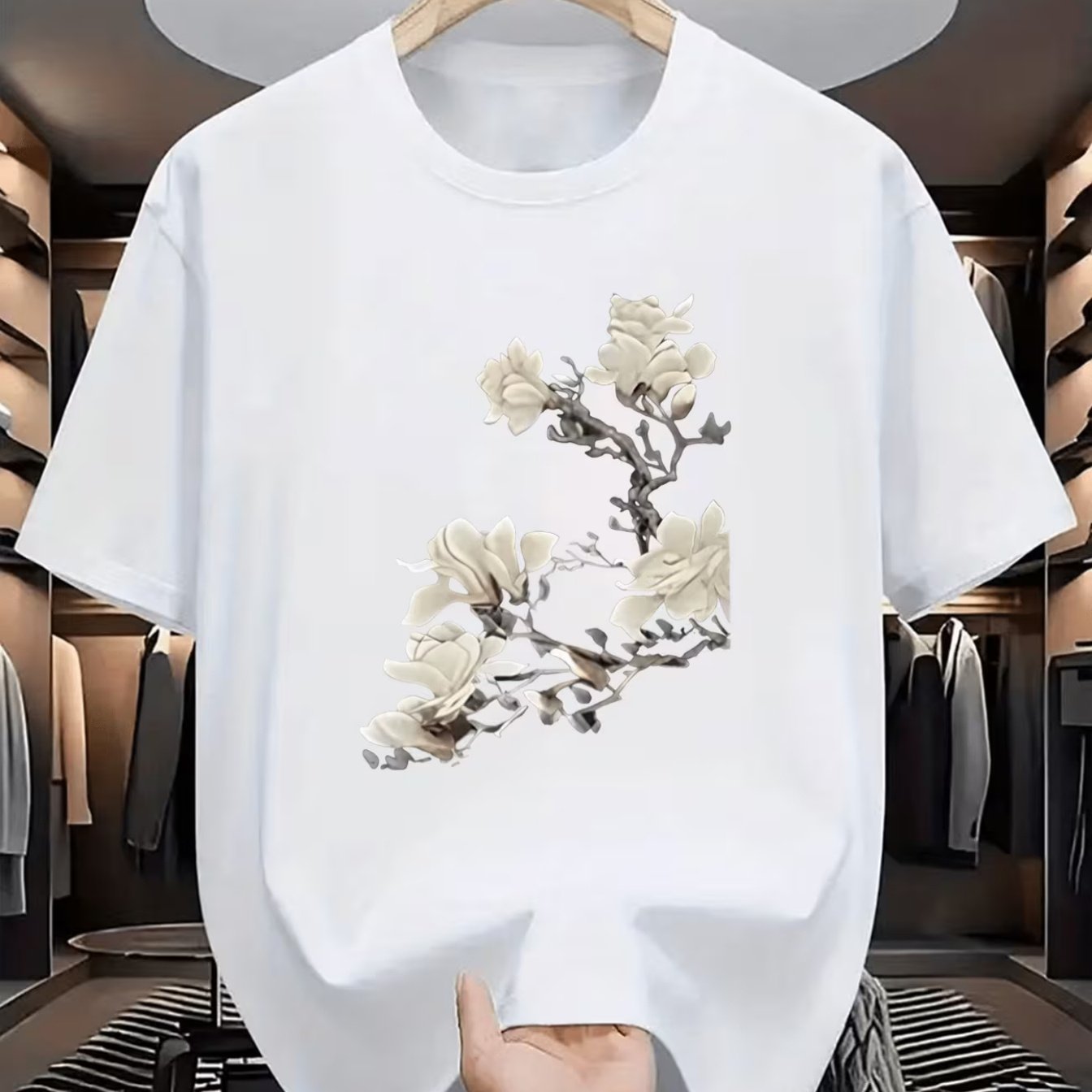 TEMU Men's Chinese Ink Wash T-shirt - Oriental Floral Print Short Sleeve Round Neck Top, Breathable Polyester Fabric Suitable For Summer, Casual Wear