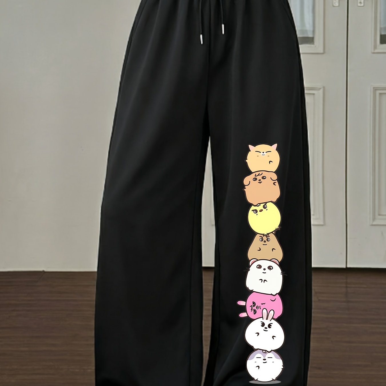 TEMU Pantalon large à cordon de serrage taille haute, imprimé lapin et chat empilés, style coréen, et , longueur au sol, pantalon de survêtement
