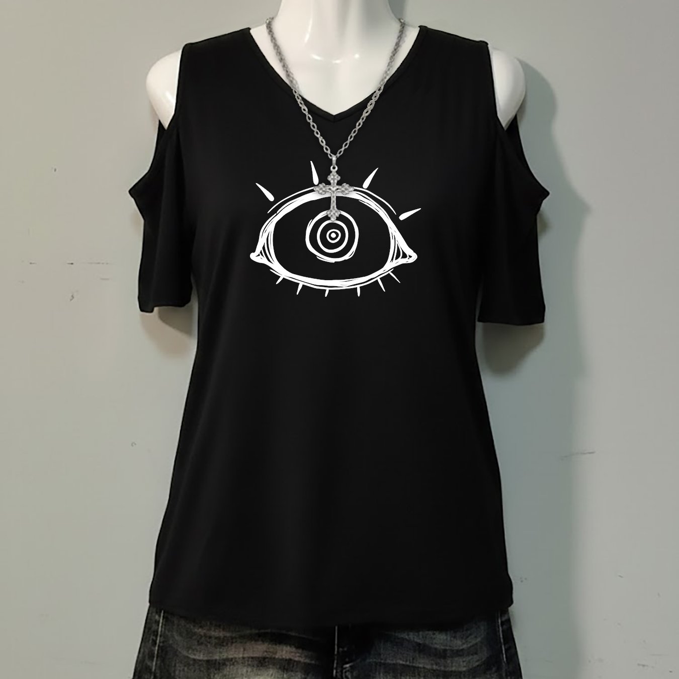 TEMU Eye Pattern, Beautiful Women's Top, Loose Casual Elegant Party Cute Fashion Gift Soft Machine Washable All- V-neck Short Sleeve Off-shoulder Top