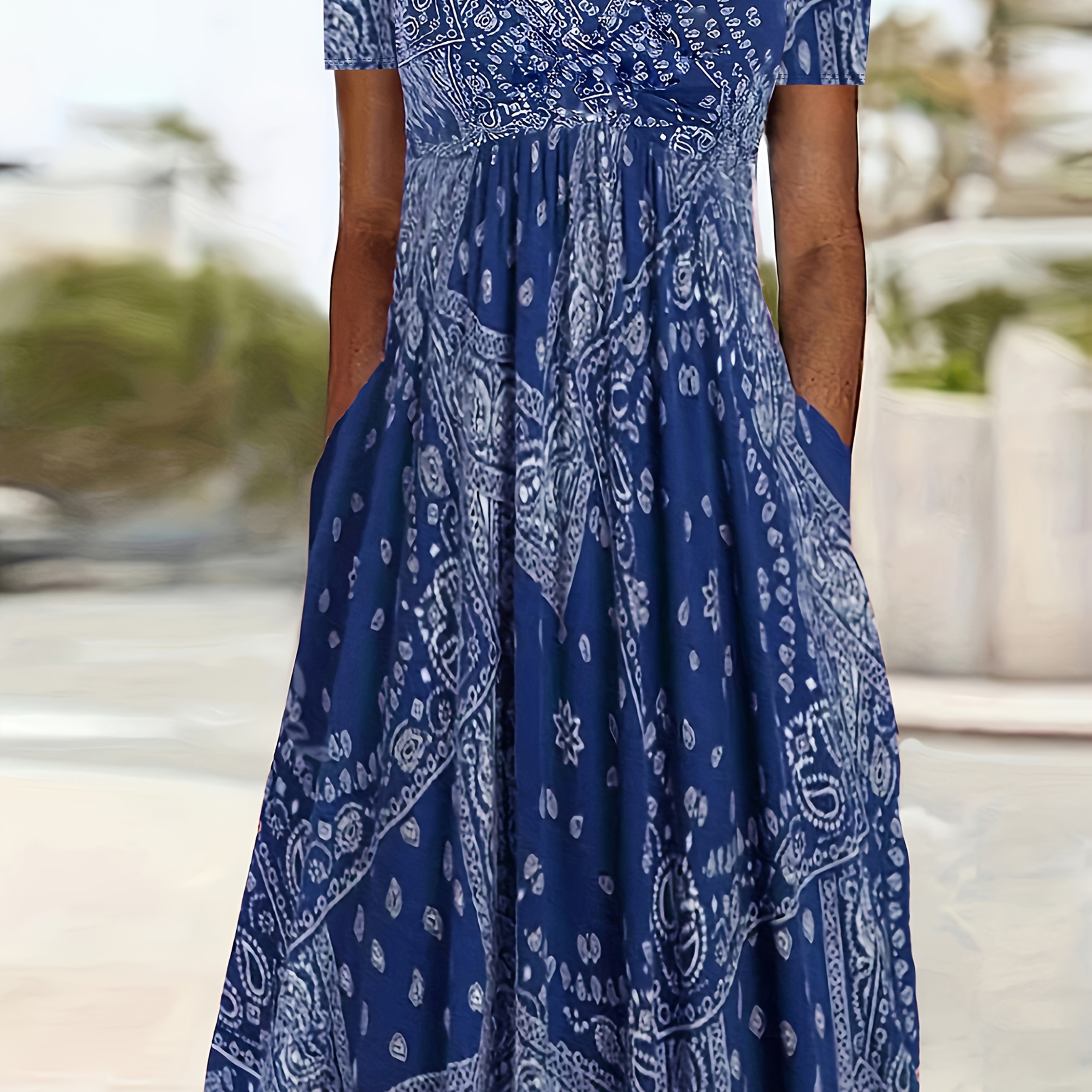TEMU Summer New Oversized Round Neck Short Sleeve Dress Women's Casual Fashion Printed Pocket Dress