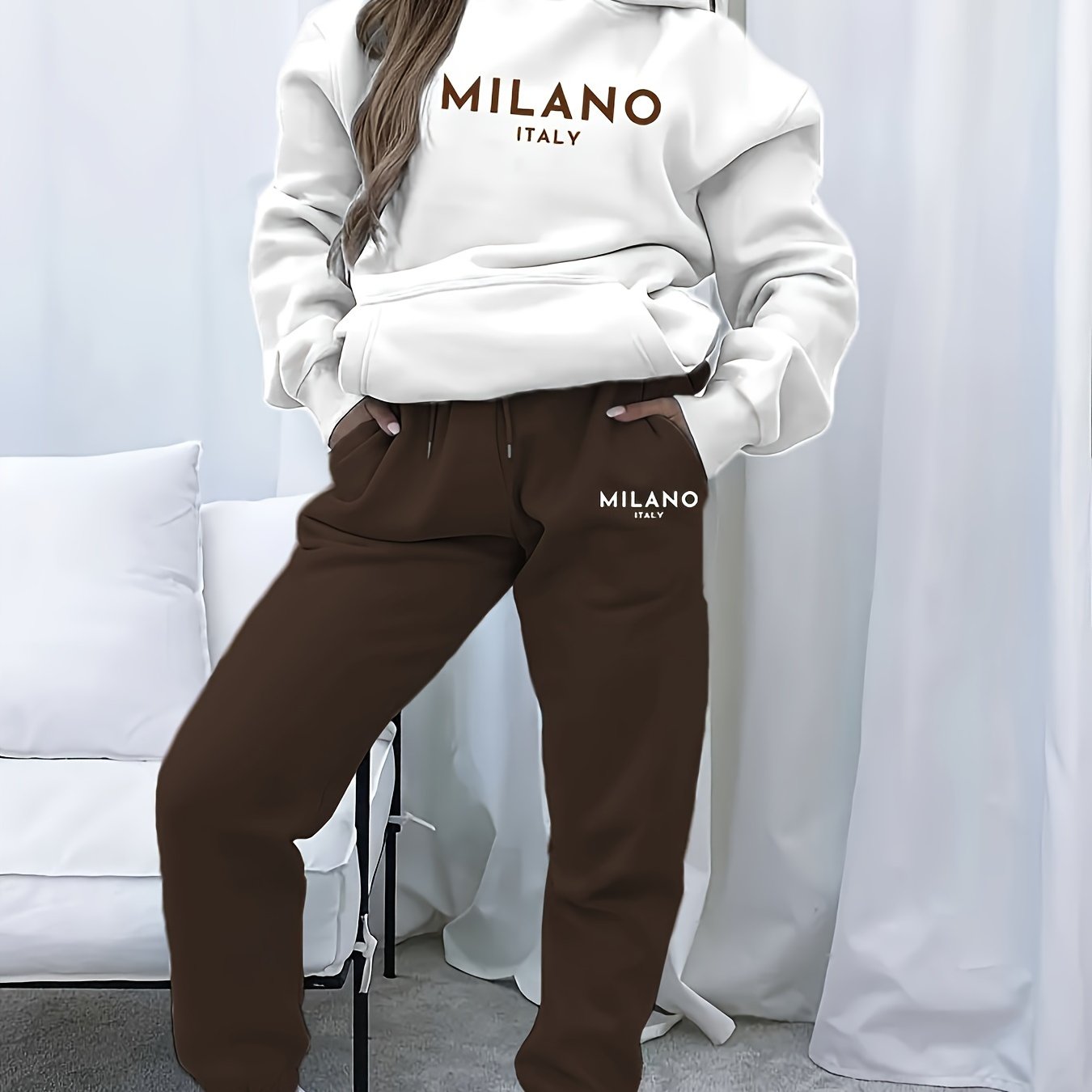 TEMU Traje de chándal para mujer de Milán Italia de poliéster con capucha, larga, tejido de punto, conjunto de sudadera y pantalones, ajuste regular,