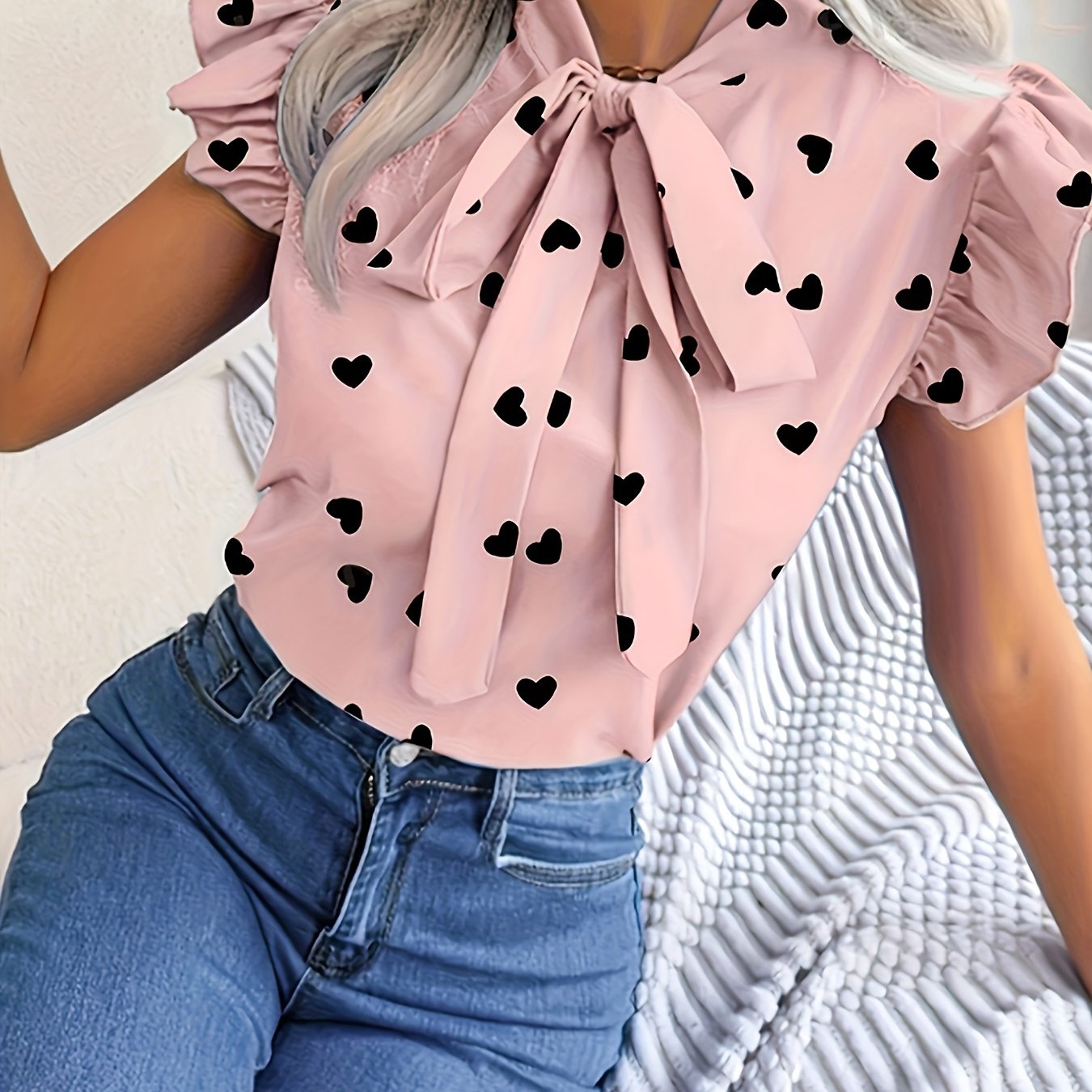 Image of Love Print Tie-front Shirt, Women's Spring Summer French Heart Pattern Puff Sleeve Front-tie Blouse, Women's Clothing