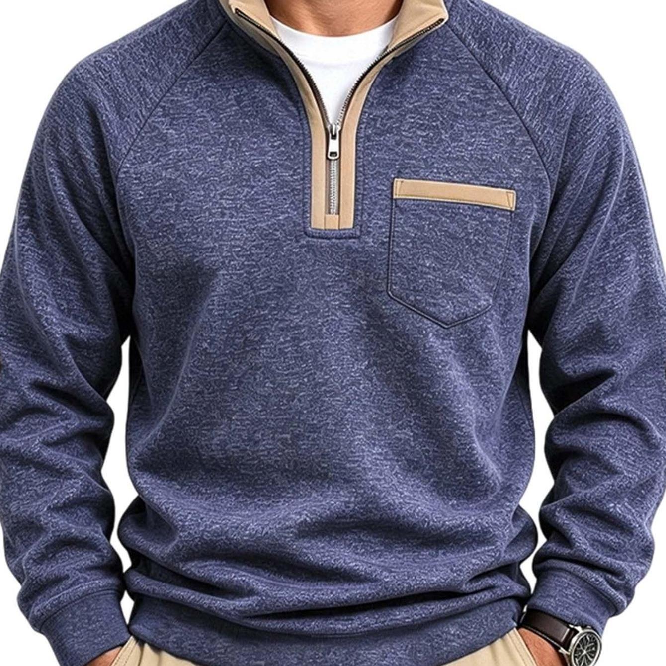 Image of Men's Color Block Stand Collar Half Zip Sweatshirt, Long Sleeve Pullover Top With Chest Pocket, Loose Casual Sweatshirt, Stylish Contrast Color Daily Wear Sweatshirt For Men