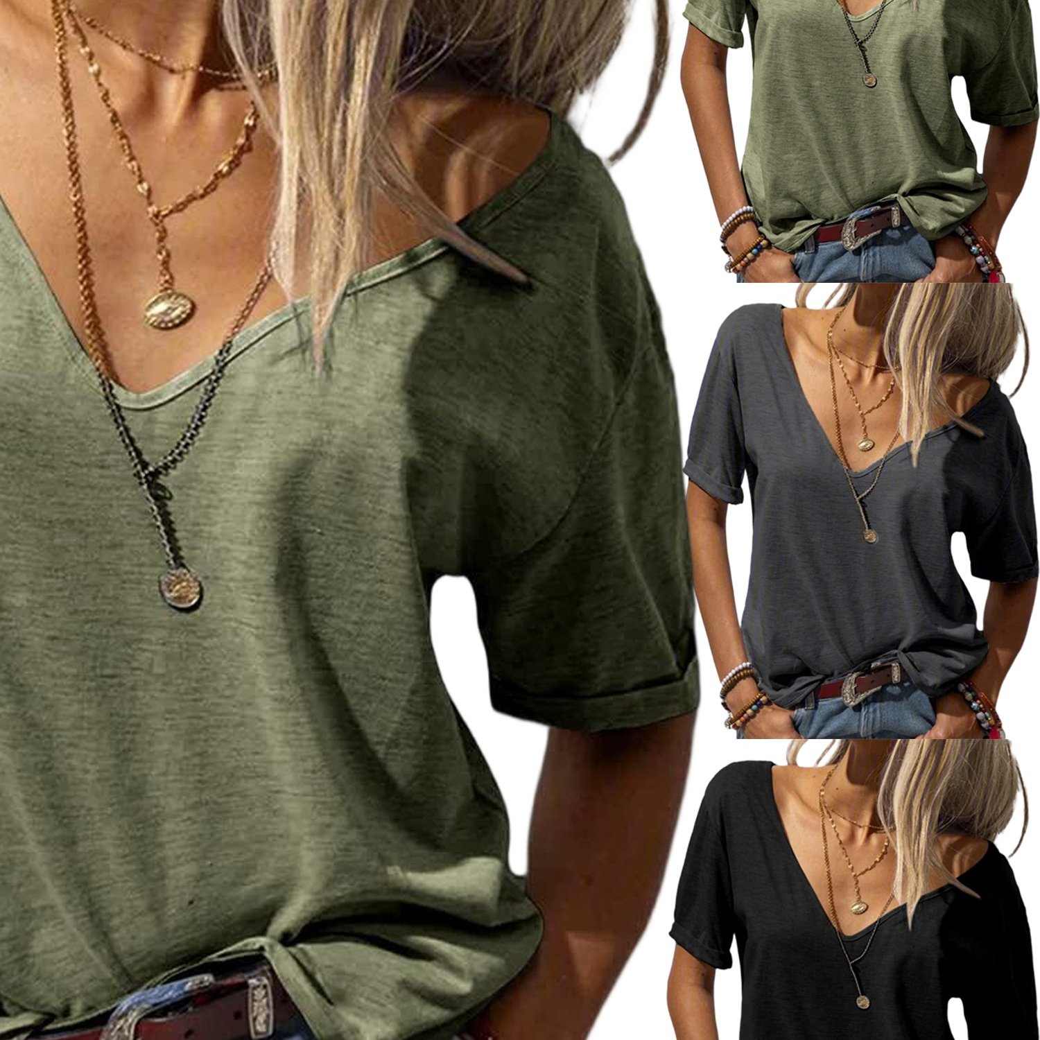 Casual Loose -shirt For Women With A Deep V-neck And Short Sleeves