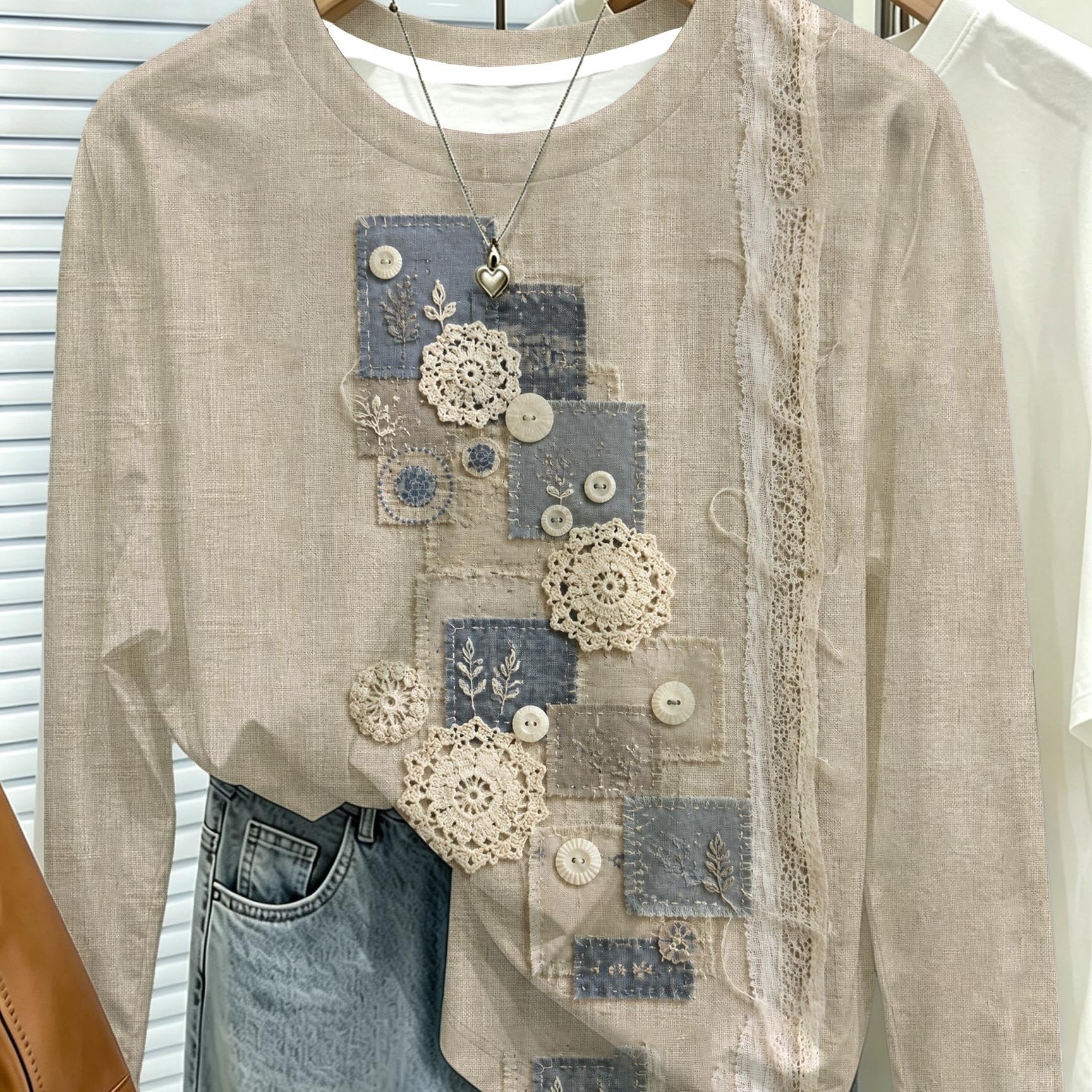 TEMU Printed Design - Texture-free Vintage Print Long-sleeve T-shirt For Women, Artistic Nordic-style , Round Neck Loose Fit Casual Top, Relaxed And