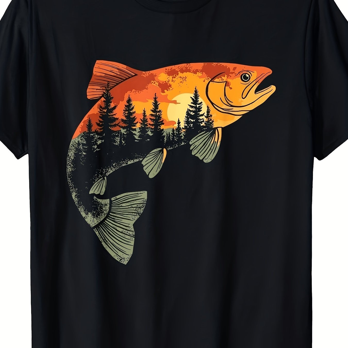 TEMU T-shirt pour homme - T-shirt de pêche à la truite vintage pour homme - Coupe ample, manches courtes, col rond avec imprimé forêt de truites,
