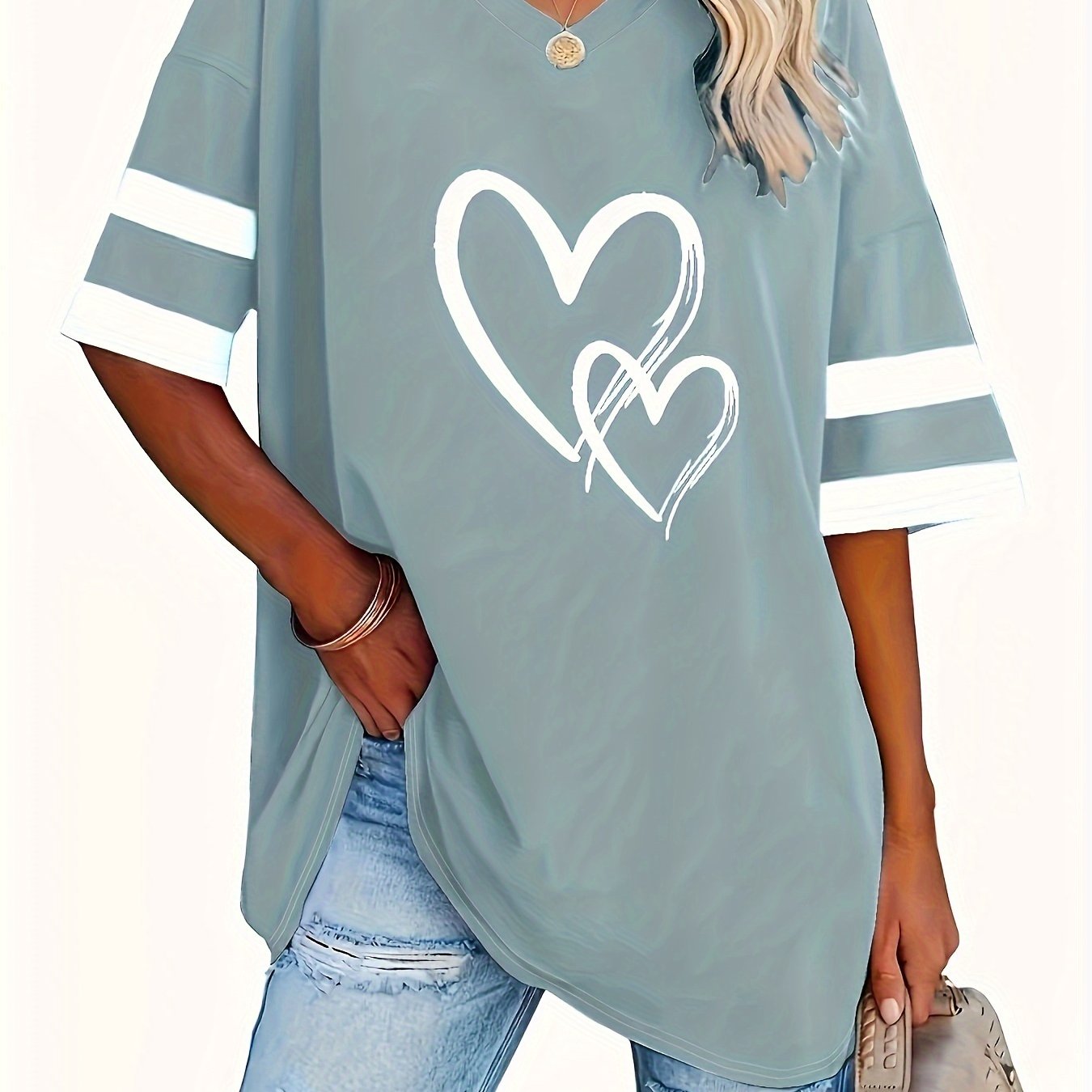 Image of V-neck Short Sleeve T-shirt - Heart Blouse, Spring Summer Breathable Top With V-shaped Neckline, Machine Washable Opaque Shirt For Casual Attire & Layering, Medium (style: V-neck Heart Print T-shirt)