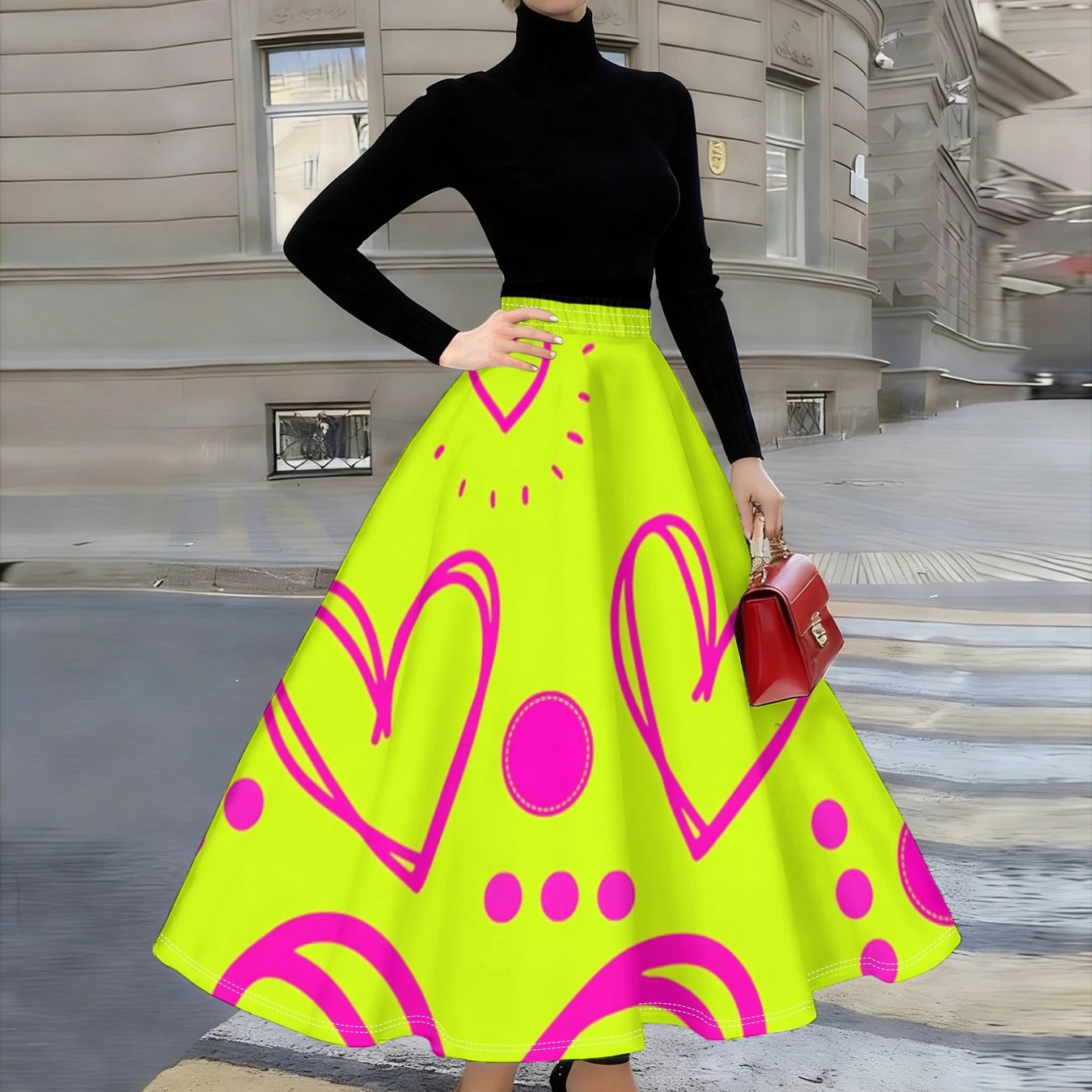 TEMU A Vibrant High-waisted Flared Skirt Featuring A Fluorescent With Fuchsia Heart Graffiti, Exuding An Vibe