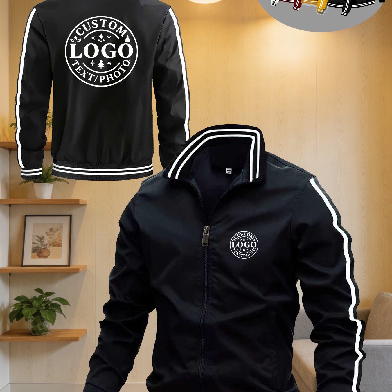 TEMU 2027 New [] Men's Casual Jacket Lapel Zipper Long Sleeve Coat With Large Logo Pattern, Suitable For Team And Company Customization, Add Your