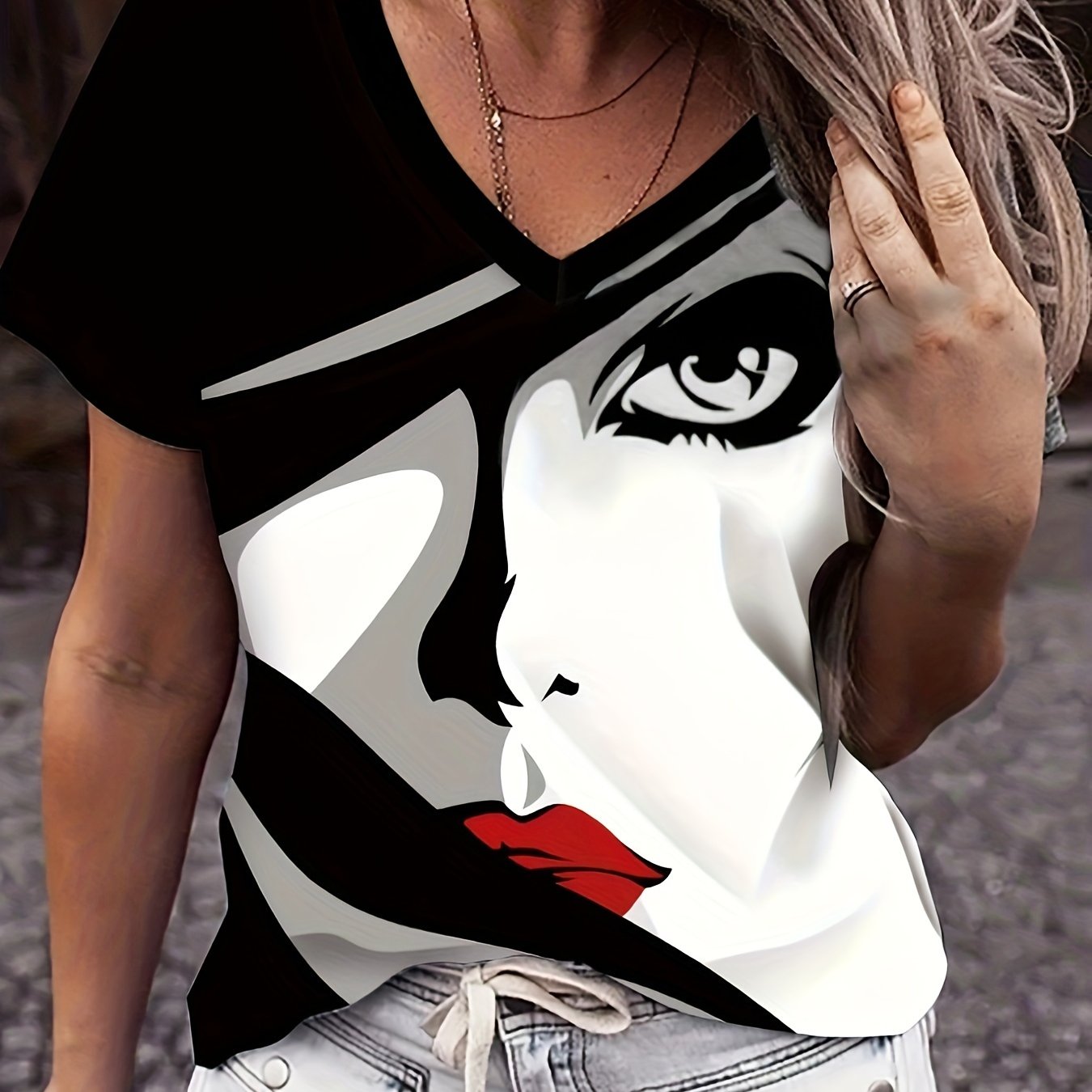 Image of Cartoon Portrait Contrast Pattern Print V-neck T-shirt, Fashion Casual Vacation Stretch Top New Short Sleeve Blouse Women's Top