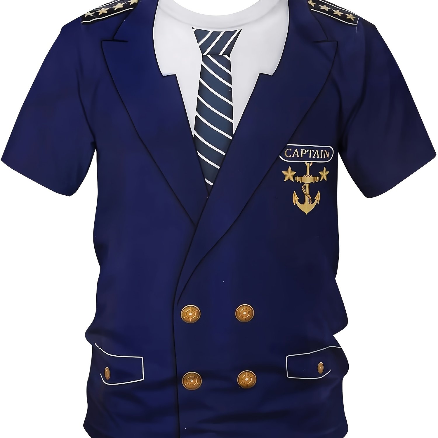 TEMU Navy Blue Officer T-shirt With Golden Badge And Navy Stripes, Navy Captain Uniform, Large Short Sleeve Casual Sailing, Sailor Shirt, Round Neck