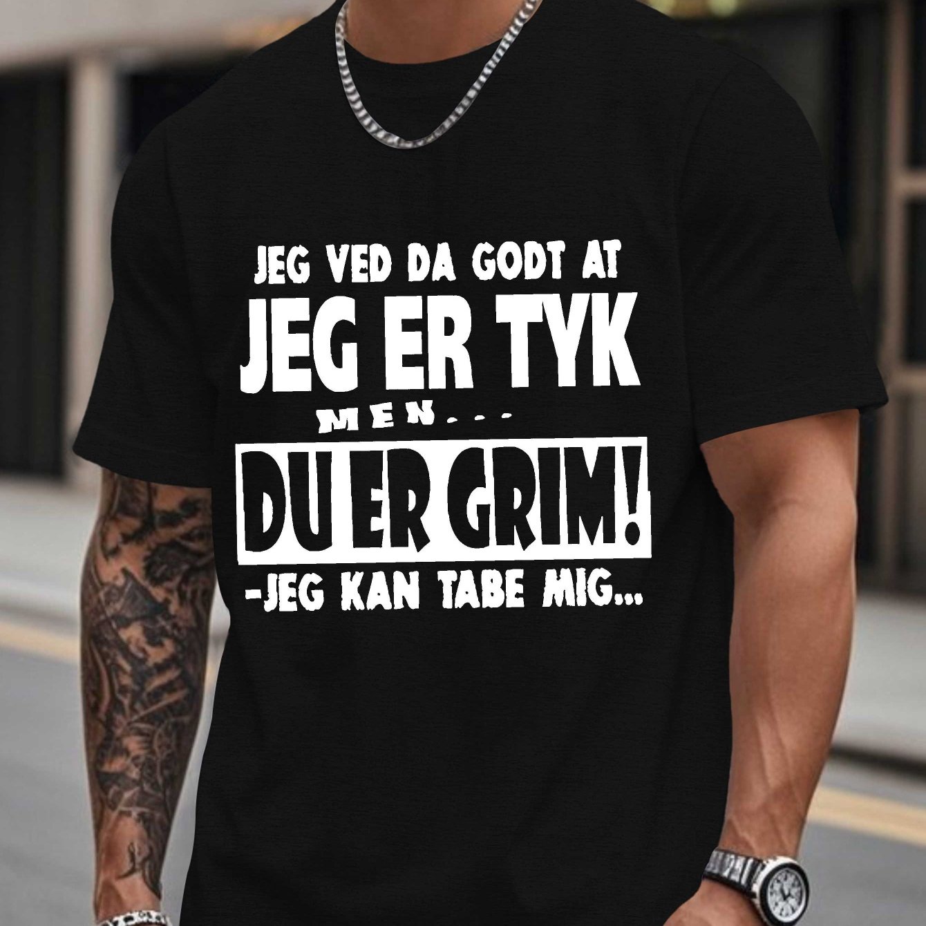 TEMU Men's Danish Short Sleeve T-shirt - Humorous Danish Print Round Neck Casual Summer Top, Machine Washable Suitable For Warm Weather & Casual