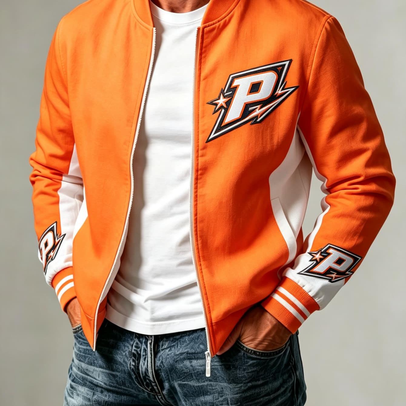 TEMU 2d Flat Print Men's Fashion Jackets, Men's Casual Coats Long Sleeve Outerwear Orange Block Print Daily American Sporty Style Ribbed Cuff Stand