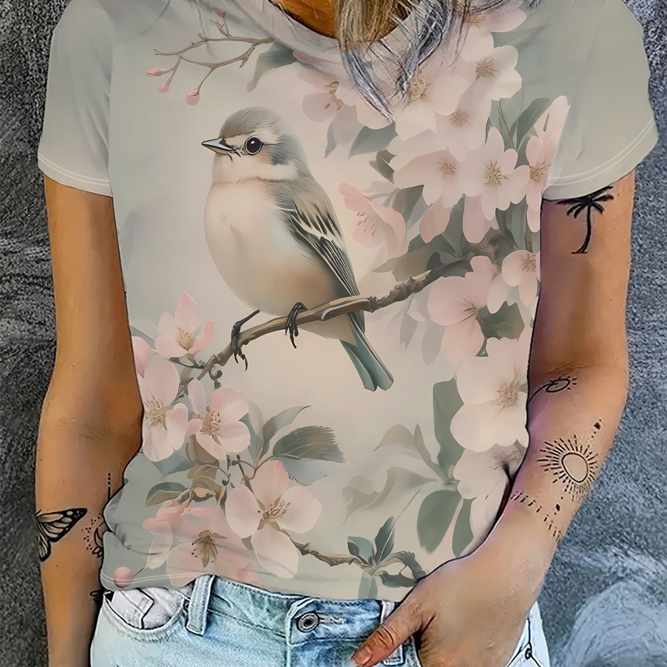 TEMU Women's Floral And Bird Print T-shirt, Made Of Fiber, Featuring A Round Neck And Short Sleeves, Perfect For Casual And Versatile Wear