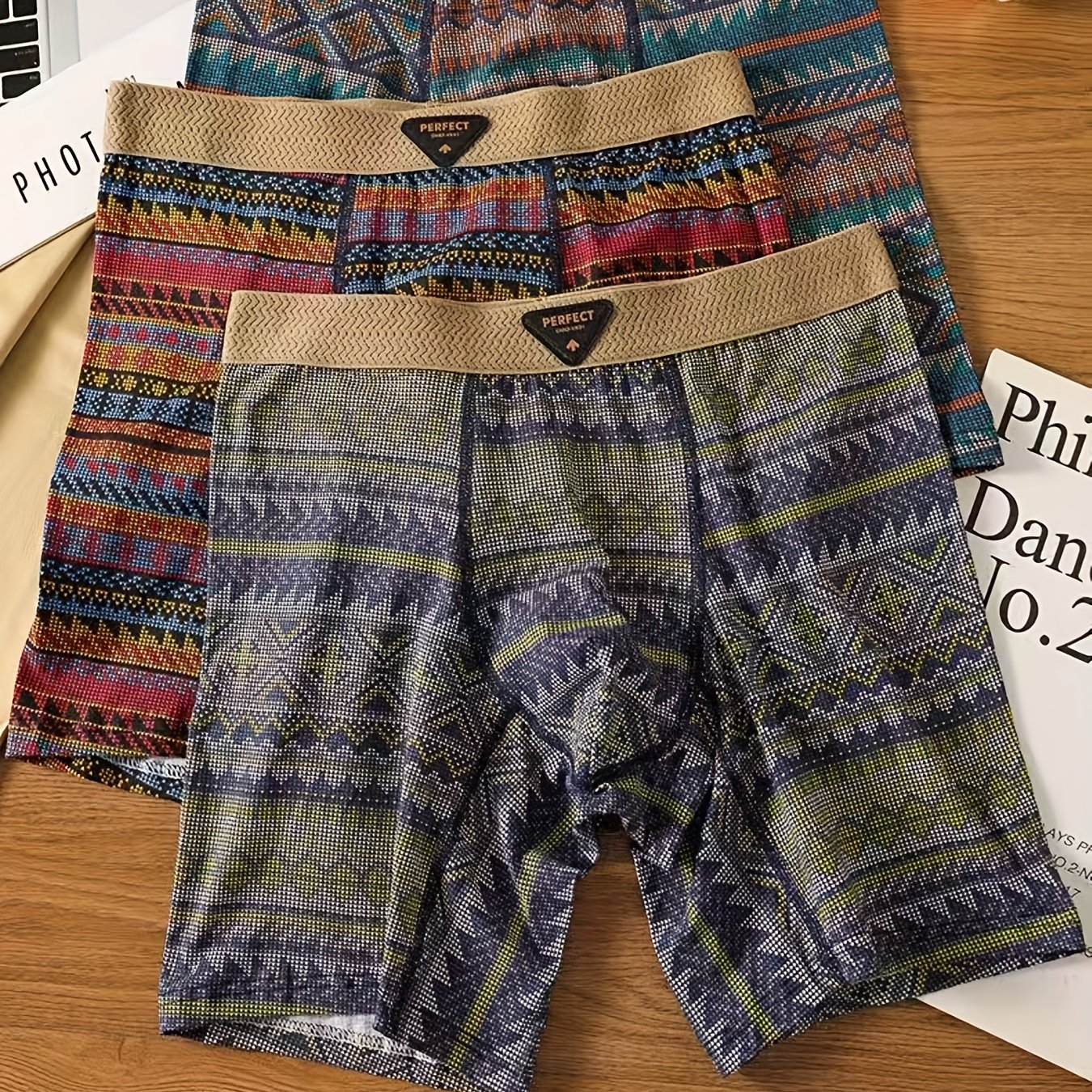 Image of 3pcs Men's Long Boxer Briefs, Light Luxury Retro Fashion, Ethnic Style Prints, Comfortable And Breathable Casual Youth Long Boxer Briefs