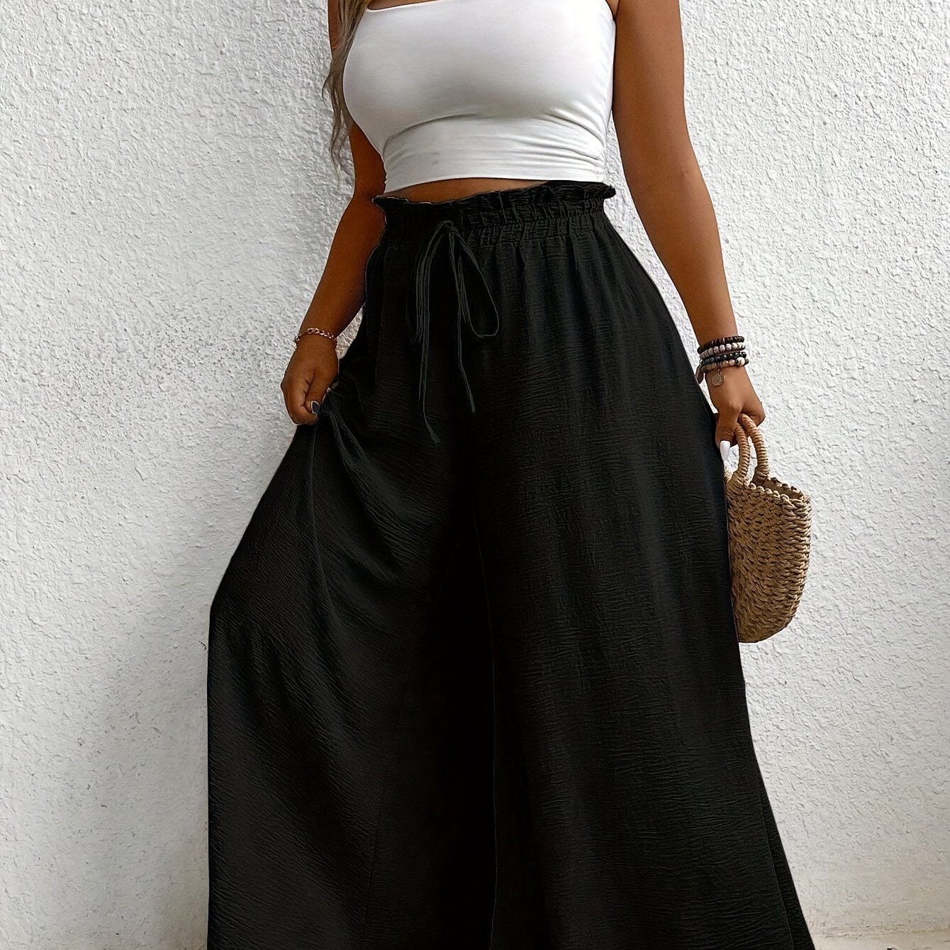 E-shop Plus Size, Europäische und Amerikanische Damen Trendige Weite Bein Casual Hose mit Drapierter Passform für Pendeln