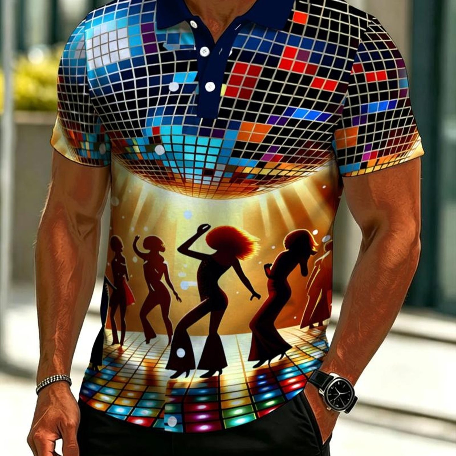 TEMU Men's Novelty Shirt, Retro Disco Scene Print, Mixed Color, Multiple Specifications , Vibrant Disco Ball & Dancing Design, Suitable For Party &