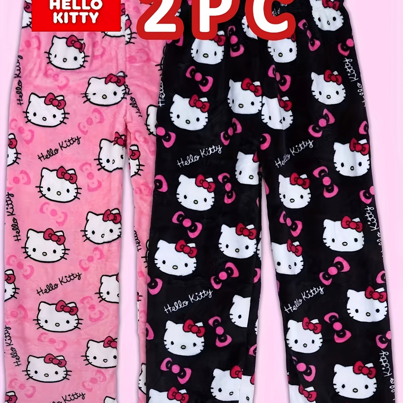 Image of [ Of 2] Hello Kitty Fleece Pants For Women In Autumn And Winter, Stretchy Waist Wide-leg Trousers For A Slim Look, Adorable Kitty Cat Print Loungewear Pants For Indoor And Outdoor Casual Wear