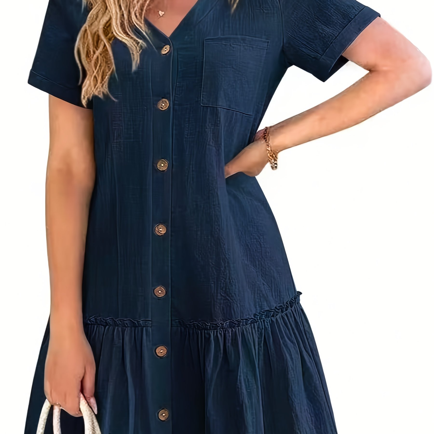 TEMU Women's Fashion Button Pleated Solid Color Dress