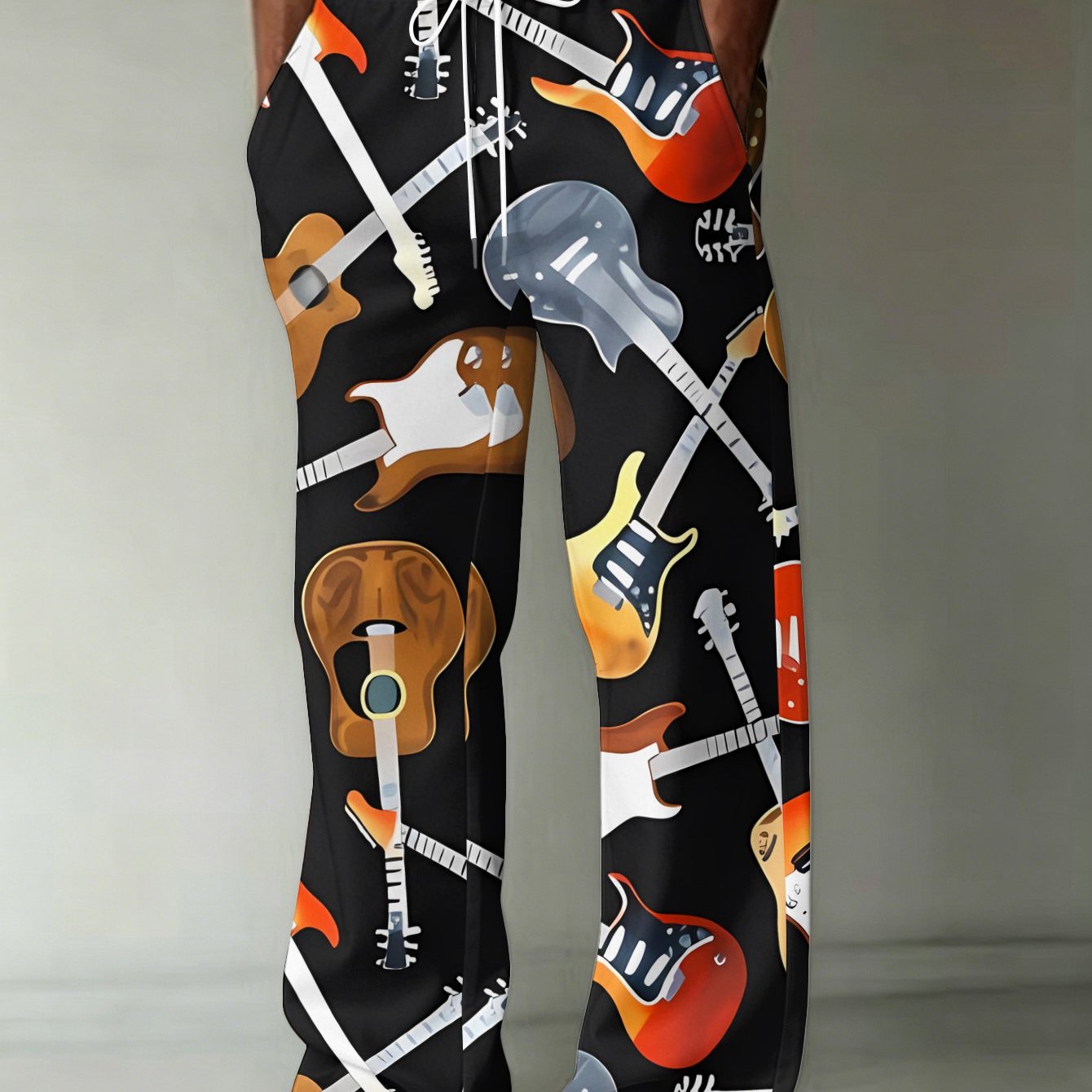 TEMU Men's Fashion Printed Straight-leg Pants With Colorful Guitar On Black Background, Style, Featuring Pockets And Drawstring Design, European And