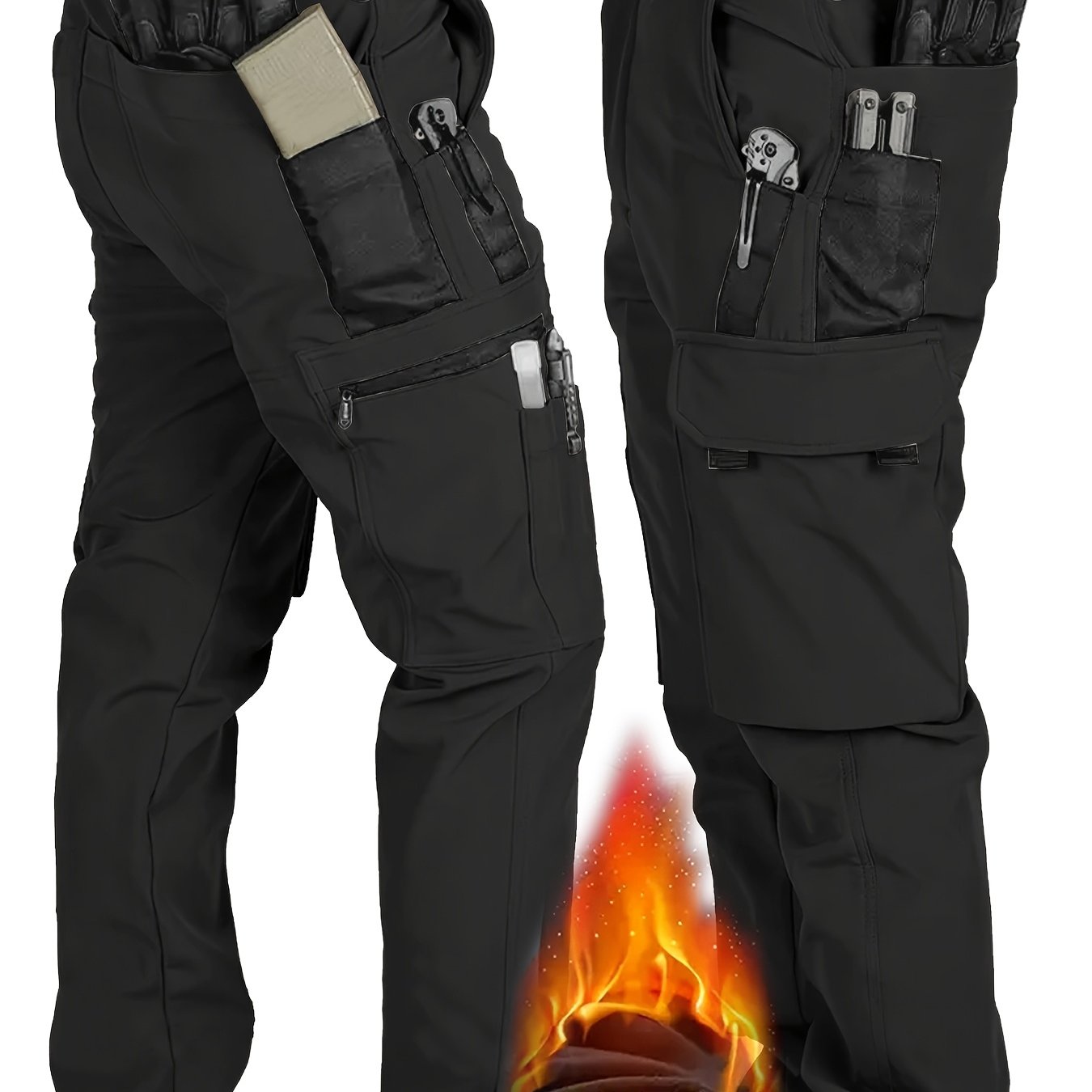 TEMU 1 pièce Pantalon cargo tactique doublé thermique pour homme - Pantalon d'extérieur d'hiver épaissi, coupe-vent, -neige, multi-poches, en tissu