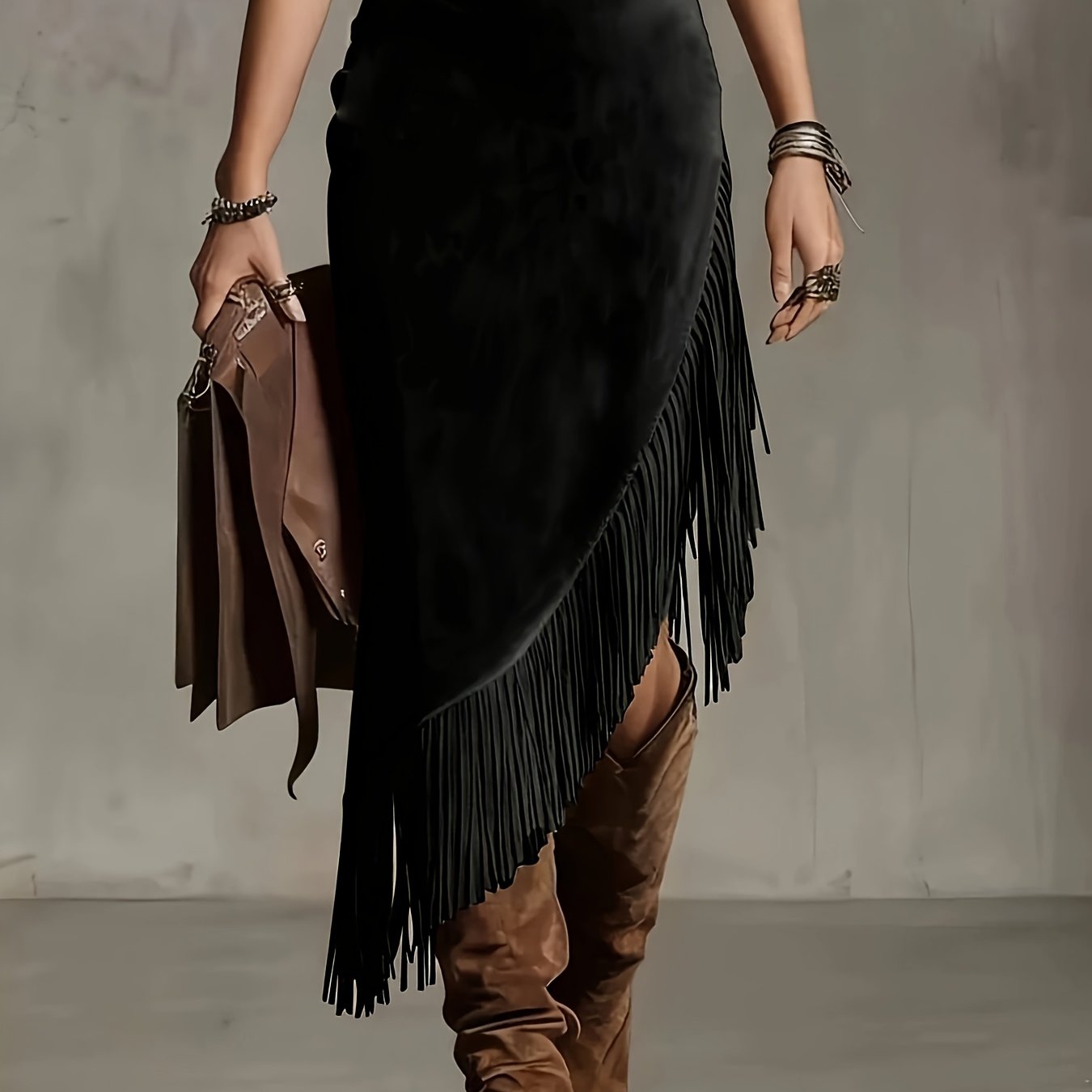 TEMU Dw260611086 Vintage Western-style Women' Color Casual Skirt, Featuring Tassel Embellishments, Asymmetrical Cut, And Zipper