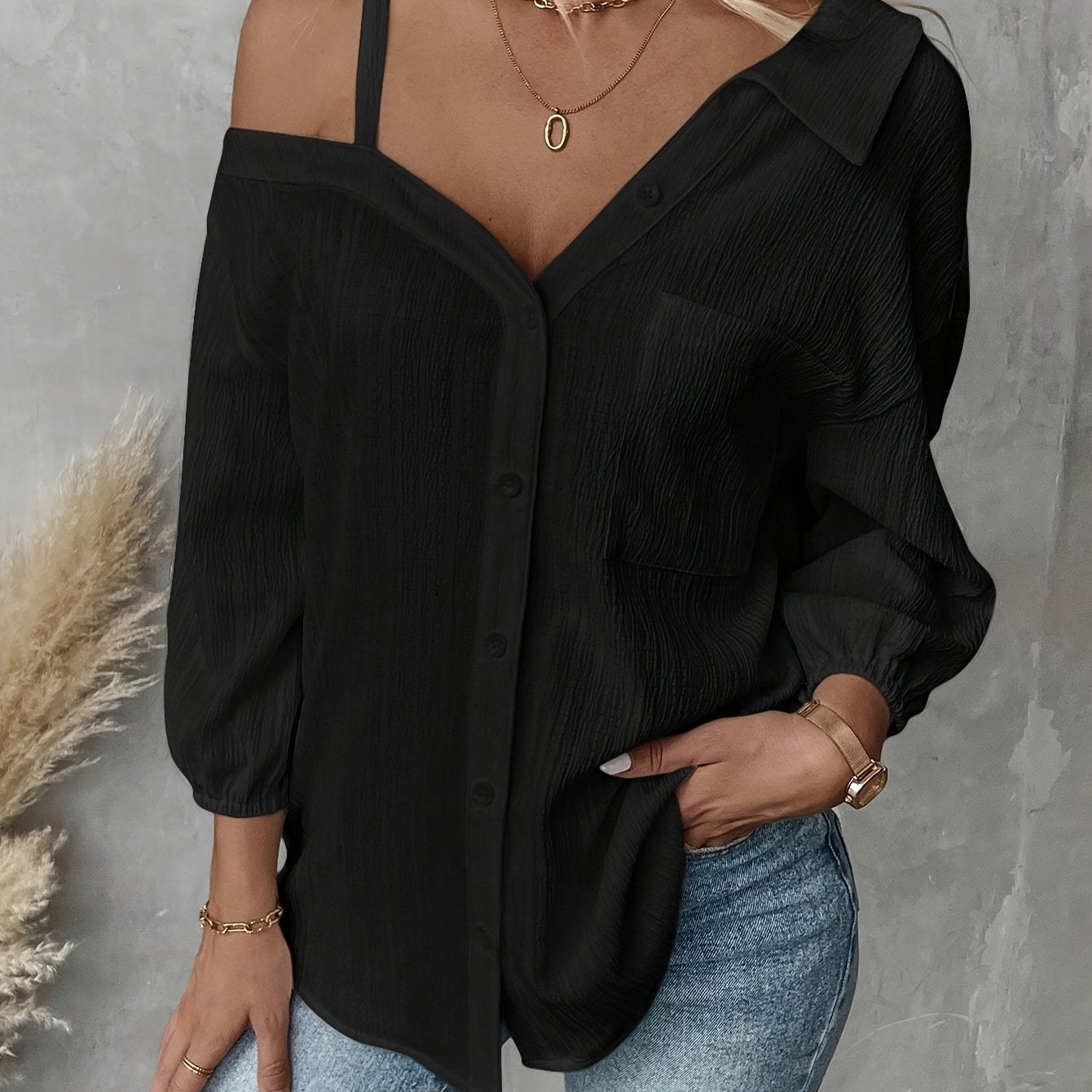 TEMU Women's Fashion Asymmetrical Neckline Drop Shoulder Solid Color Loose Casual Shirt