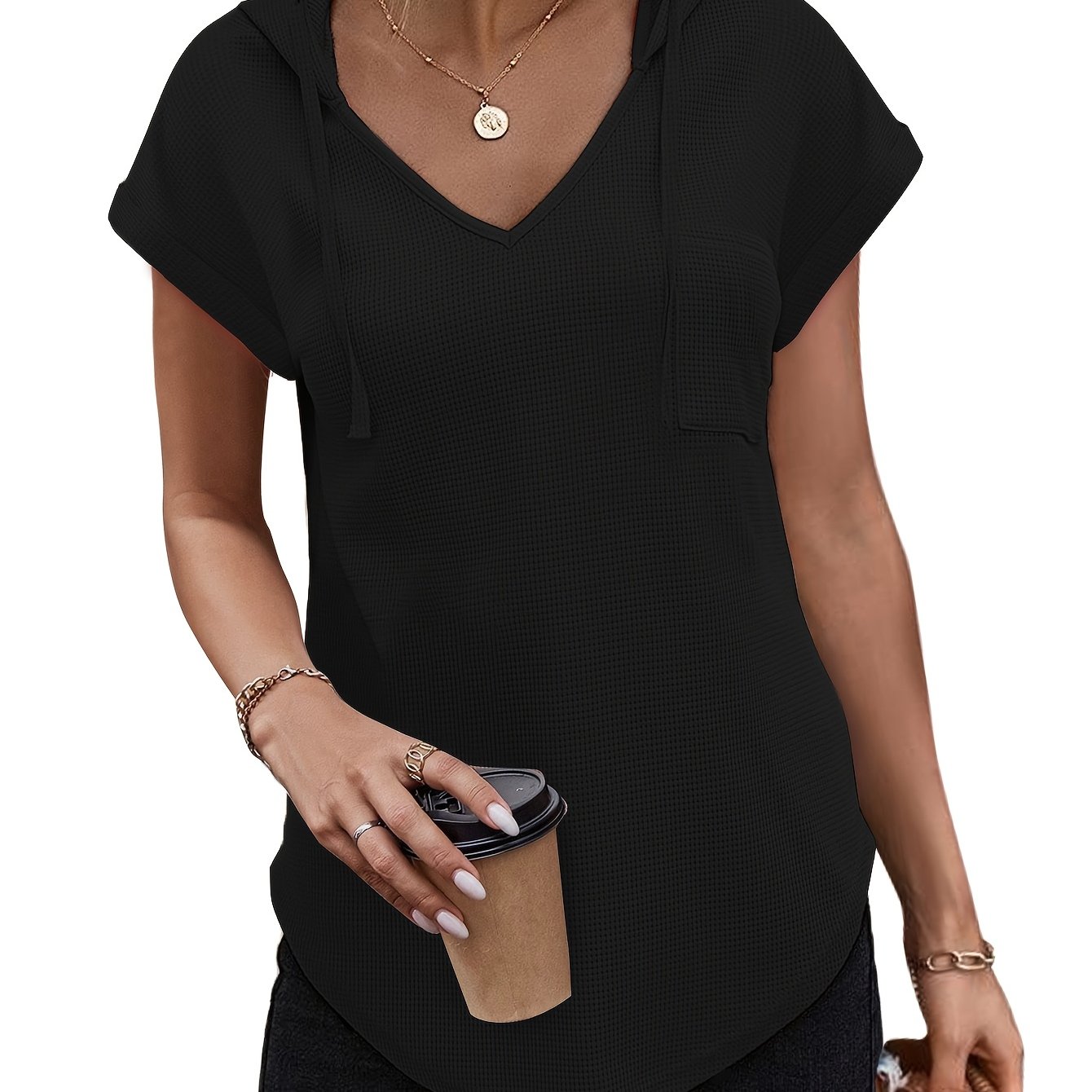 Fashionable Casual Women's Clothing Waffle Hooded Pullover Short-sleeved Pocket Shirt