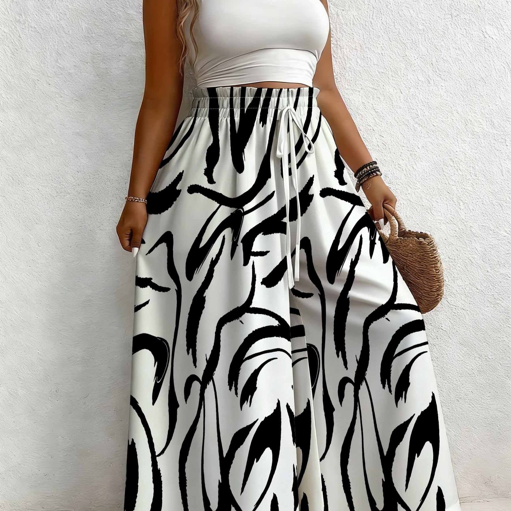 Plus Size - Women's Plus Size Zebra Print Wide-leg Pants, Bohemian Style Loose Fit Drawstring Waist Design Machine Washable Suitable For Outdoor And Relaxed Home Casual Wear Trousers