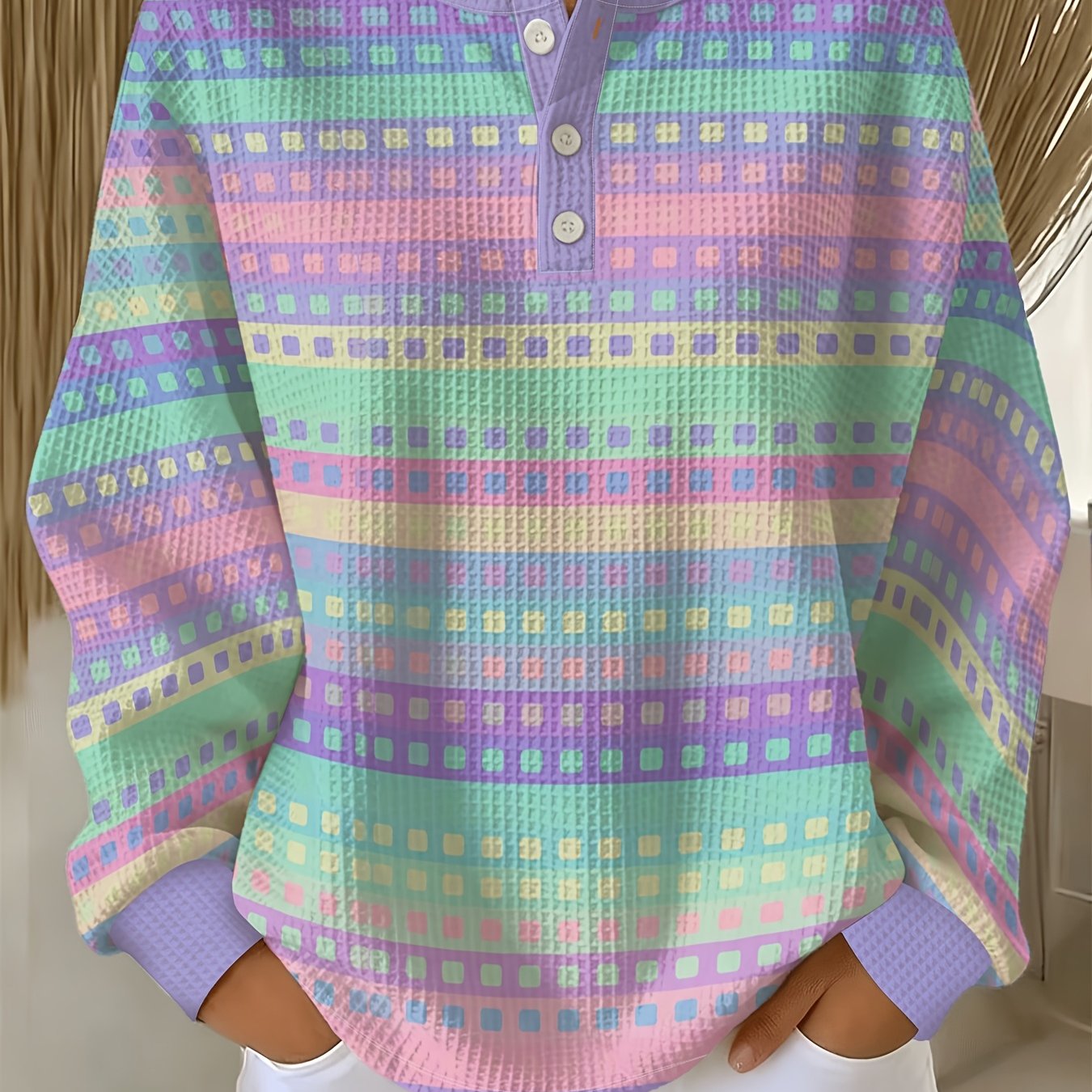 TEMU T-shirt Henley pour femme, imprimé rayé géométrique multicolore macaron, haut boutonné à manches longues, pull décontracté et ample