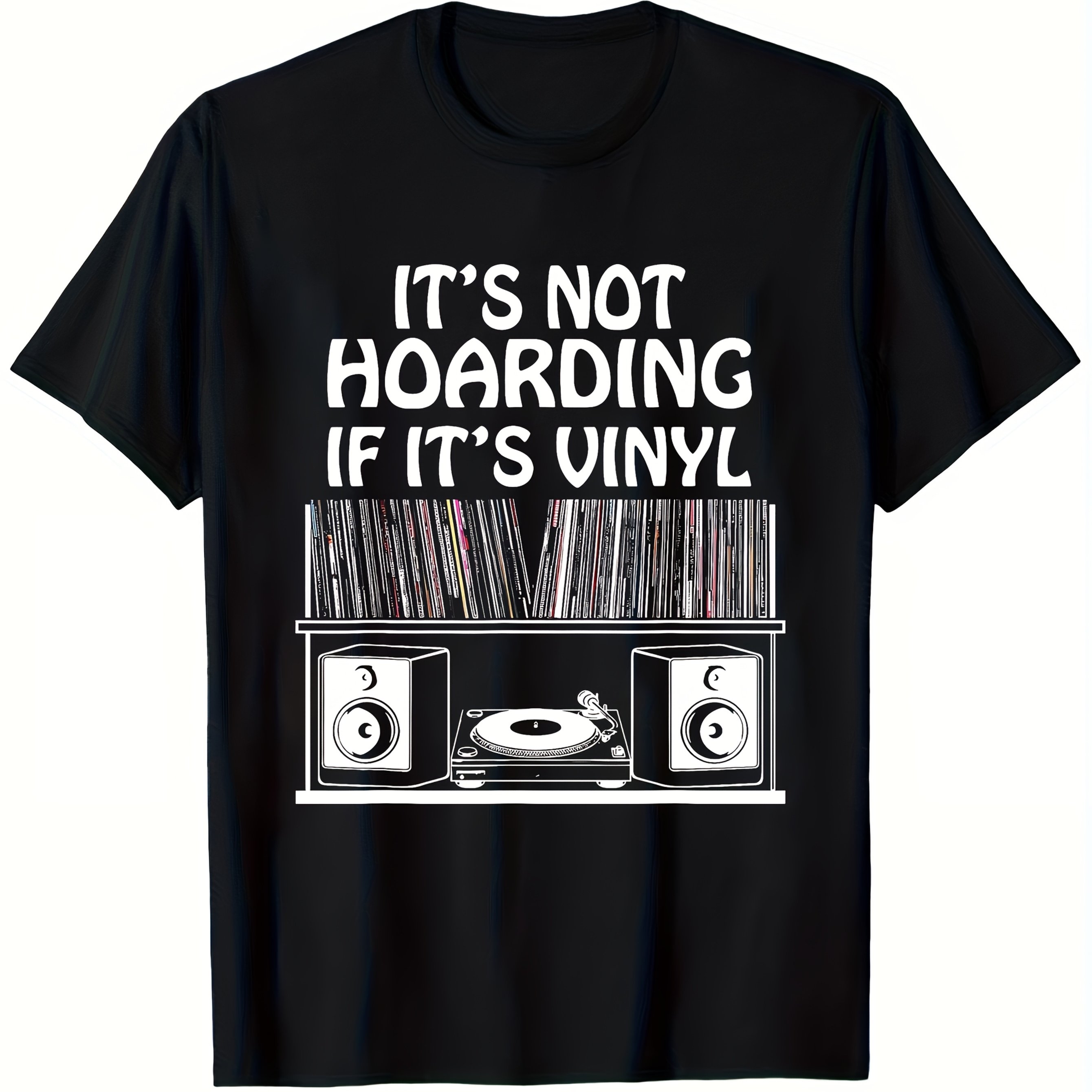 TEMU Men's Fun Vinyl Record Enthusiast T-shirt - "not Hoarding, Just Collecting" Graphic Short-sleeve Shirt - Soft And Breathable Casual Music-themed