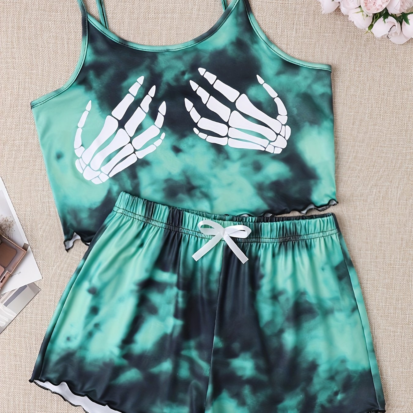 TEMU Women's Fashion Tie-dye Palm Print Camisole And Shorts Pajama Set