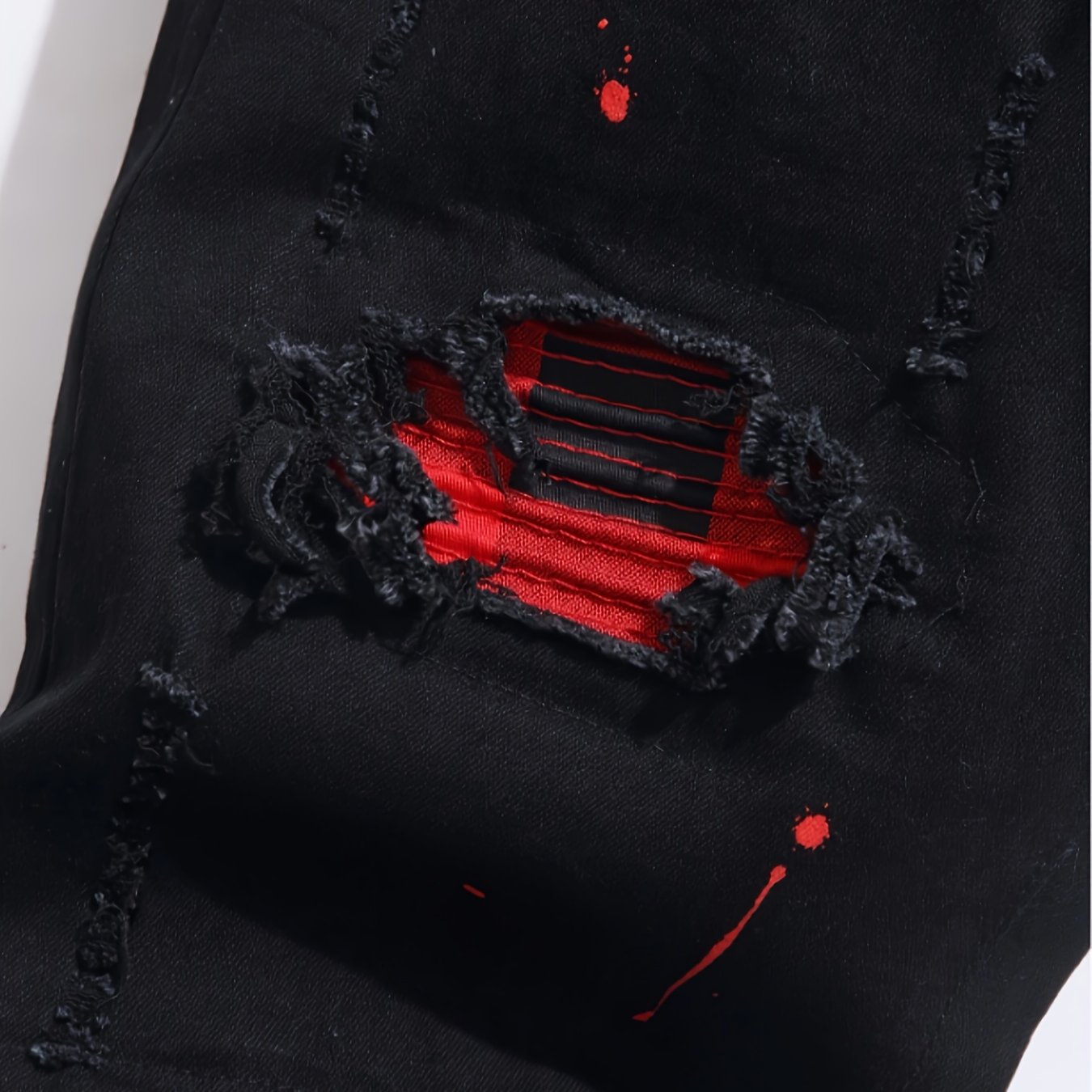TEMU [hme] 's Denim Trousers From A Trendy Brand, Mid-waist Stretch Slim Straight Leg, Street Hip-hop Y2k Style, Fashionable Hole Patch Design, Paint