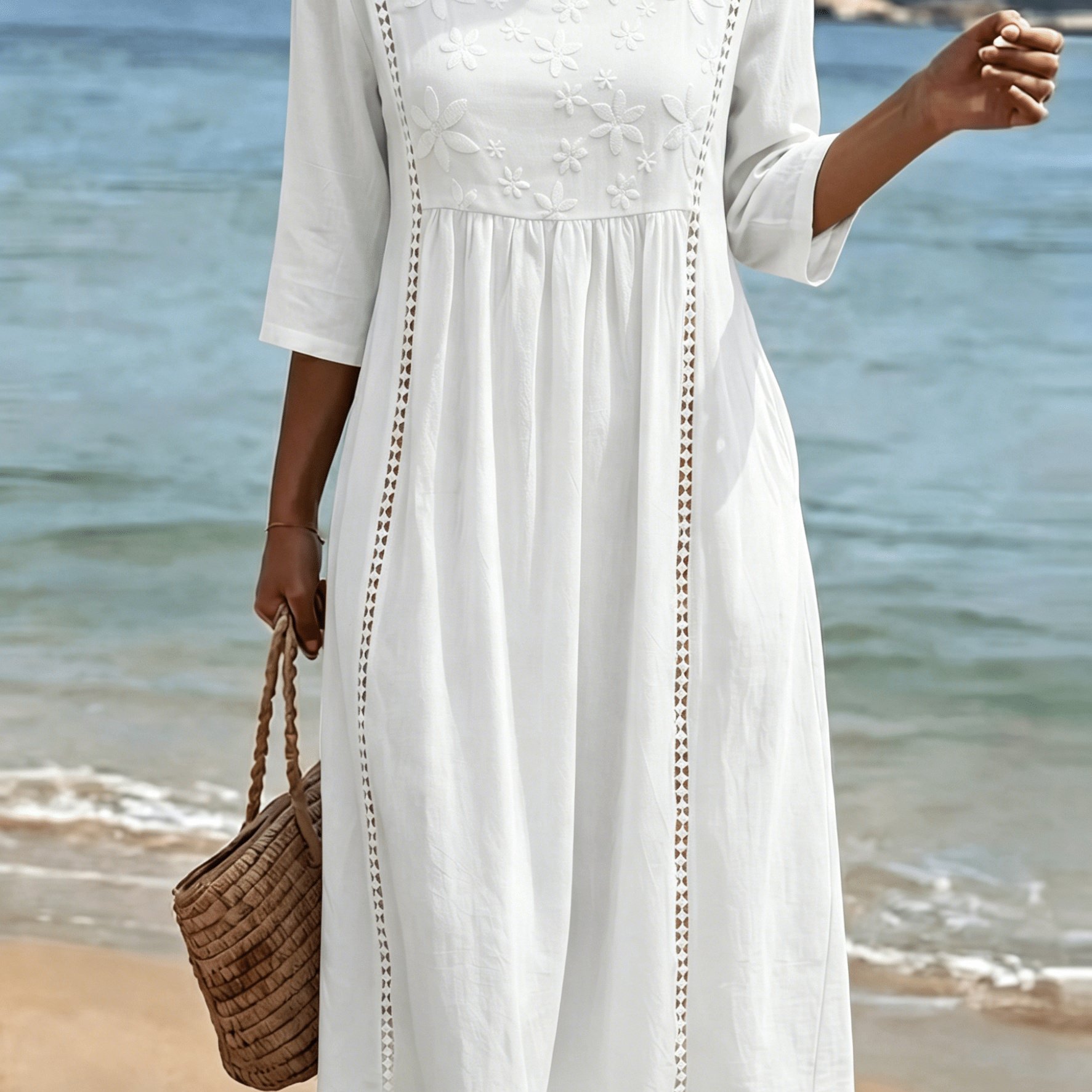 Image of Women's Vintage Elegant Square Neck Five-quarter Sleeve Floral Embroidery Solid Color A-line Dress, Summer Loose Fit Comfortable Vacation Beach Dress