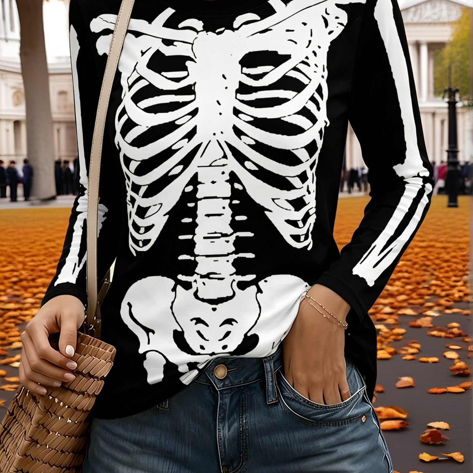 TEMU [printed Design Not Textured] Code Mark Women's Crew Neck Long Sleeve T-shirt For Halloween, Festival Parties, Spring And Autumn Outfits