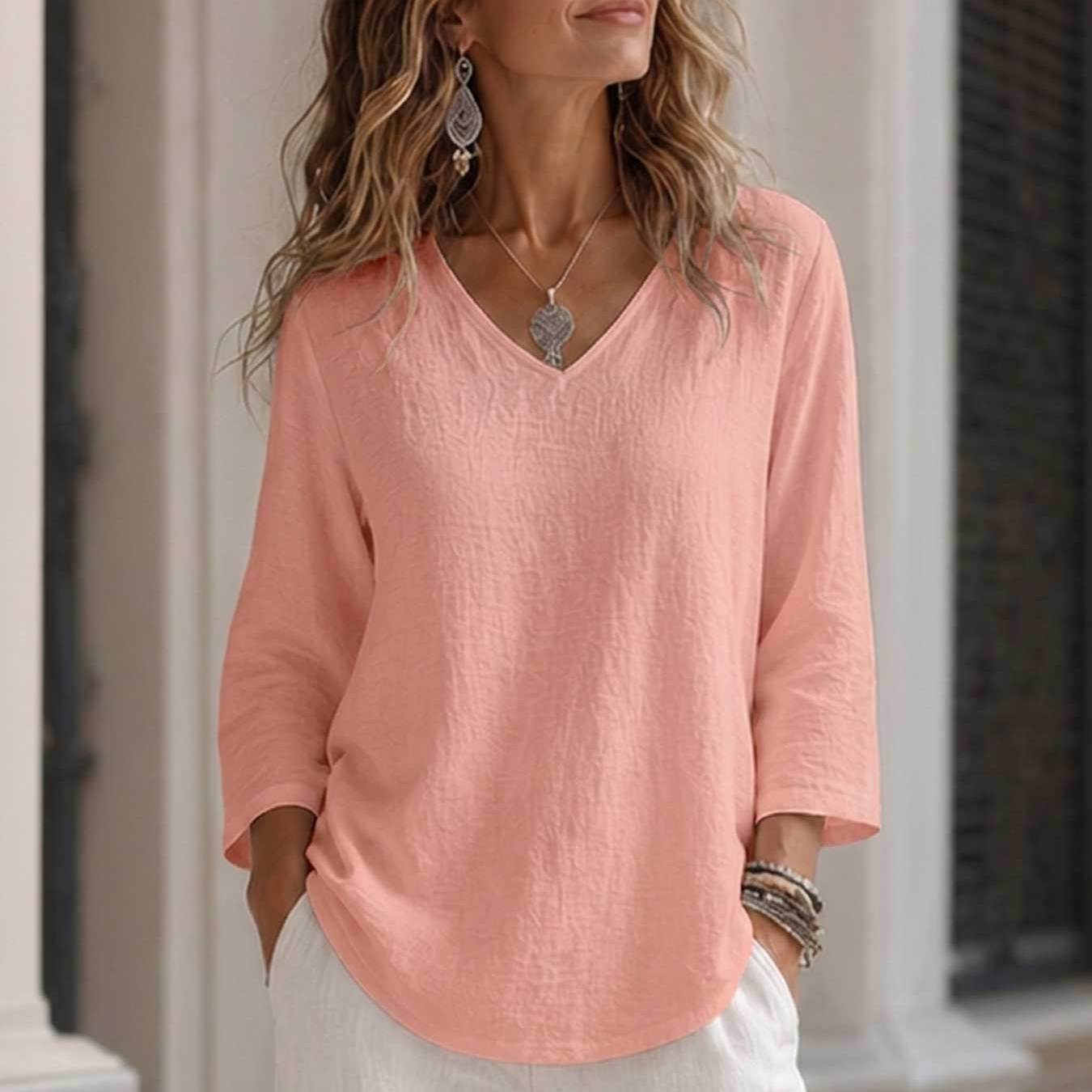 TEMU Spring Summer Women's Solid Color Casual Versatile Loose V-neck Three-quarter Sleeve Clothing