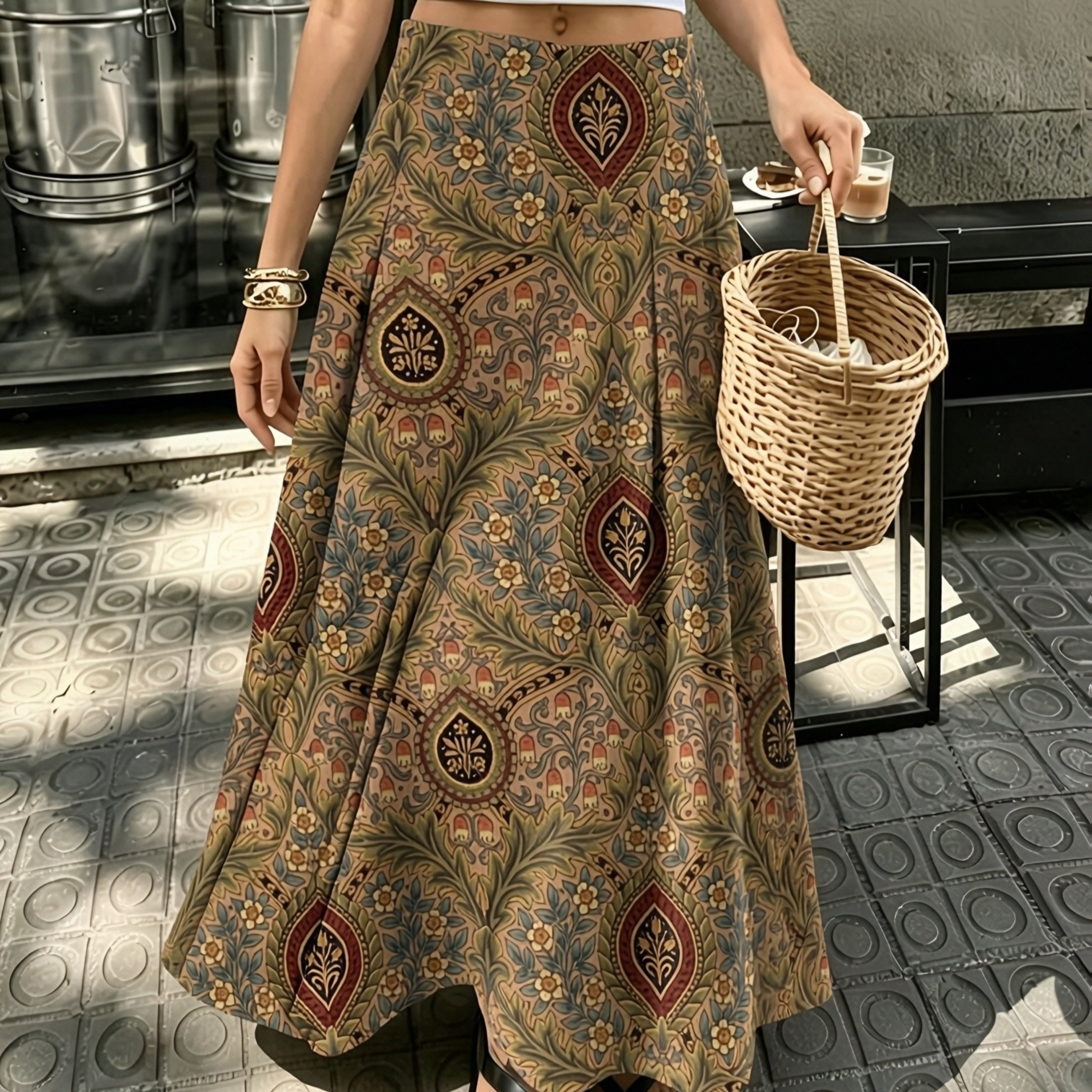 TEMU Women's Autumn/winter Retro Boho Style Botanical Print Maxi Midi Skirt With Loose Fit For Casual Streetwear And Fashionable Commuting (no Belt)