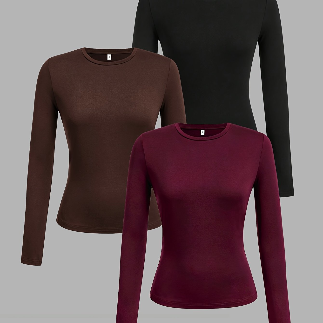 TEMU 3pcs Set, Women's Round Neck Casual Fitted Long Sleeve T-shirt Set, Suitable For Spring, Autumn, And Winter