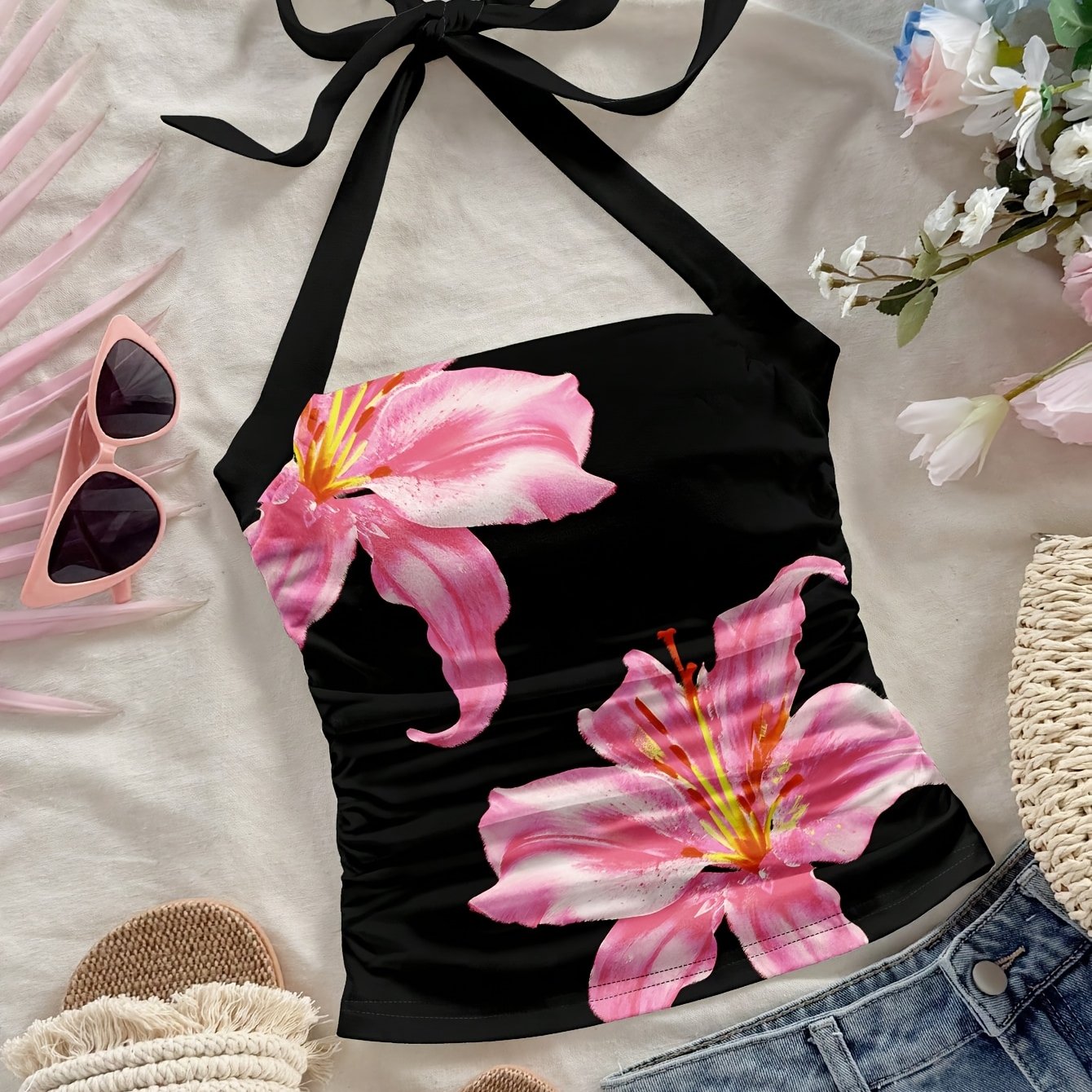 Image of Women's Fashion Casual Floral Black Fitted Short Tank Top With A Neck Tie, Perfect For Summer Vacations