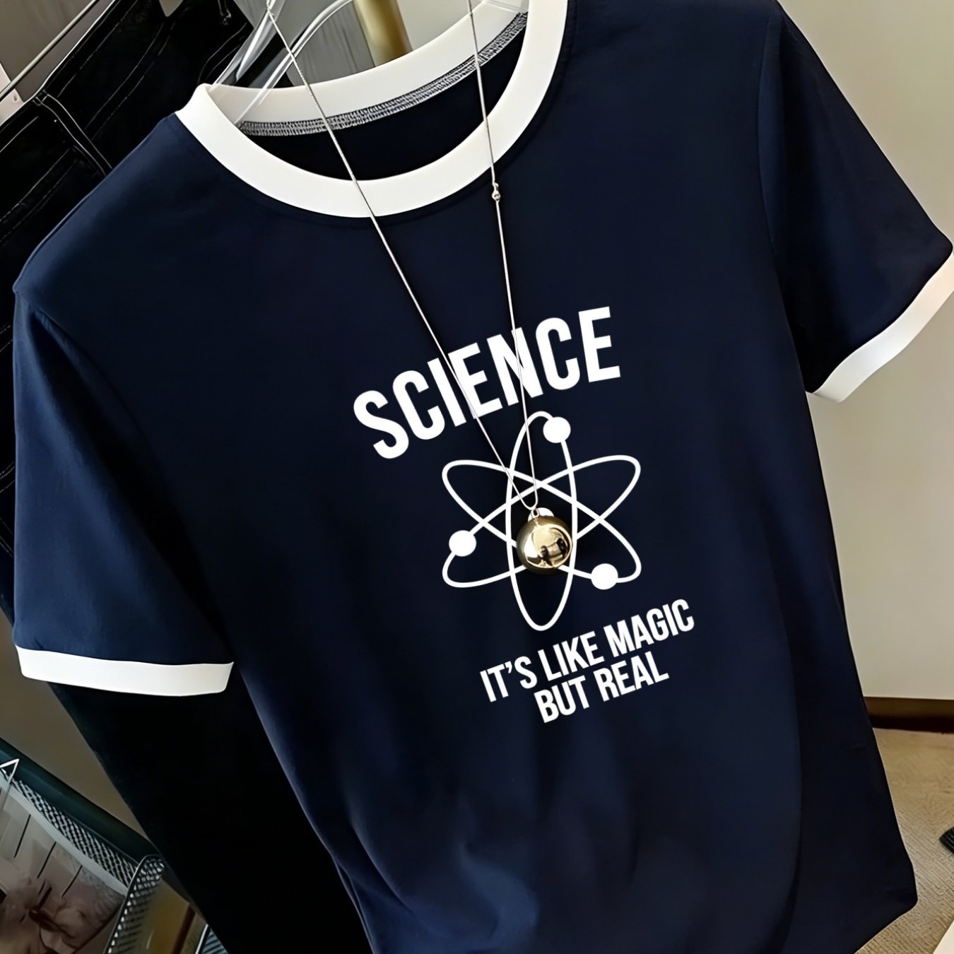 TEMU Science Pattern With The Text "science But Real" Printed On A Casual -neck Short-sleeve Top. Features A Contrasting Design, Suitable For Sports,
