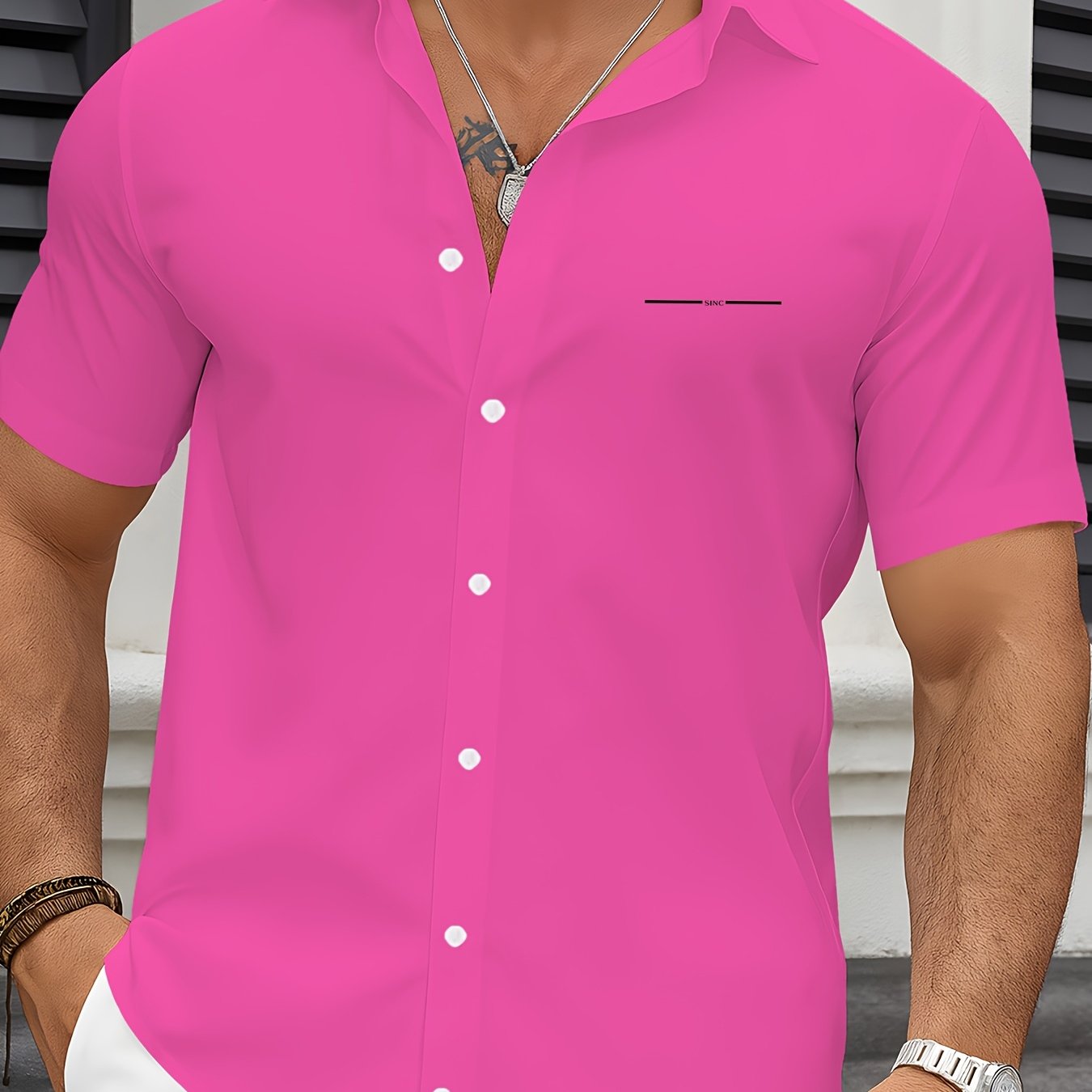 TEMU Casual Men's Short-sleeve Shirt, Polyester 3d Geometric Print, Suitable For Daily Wear